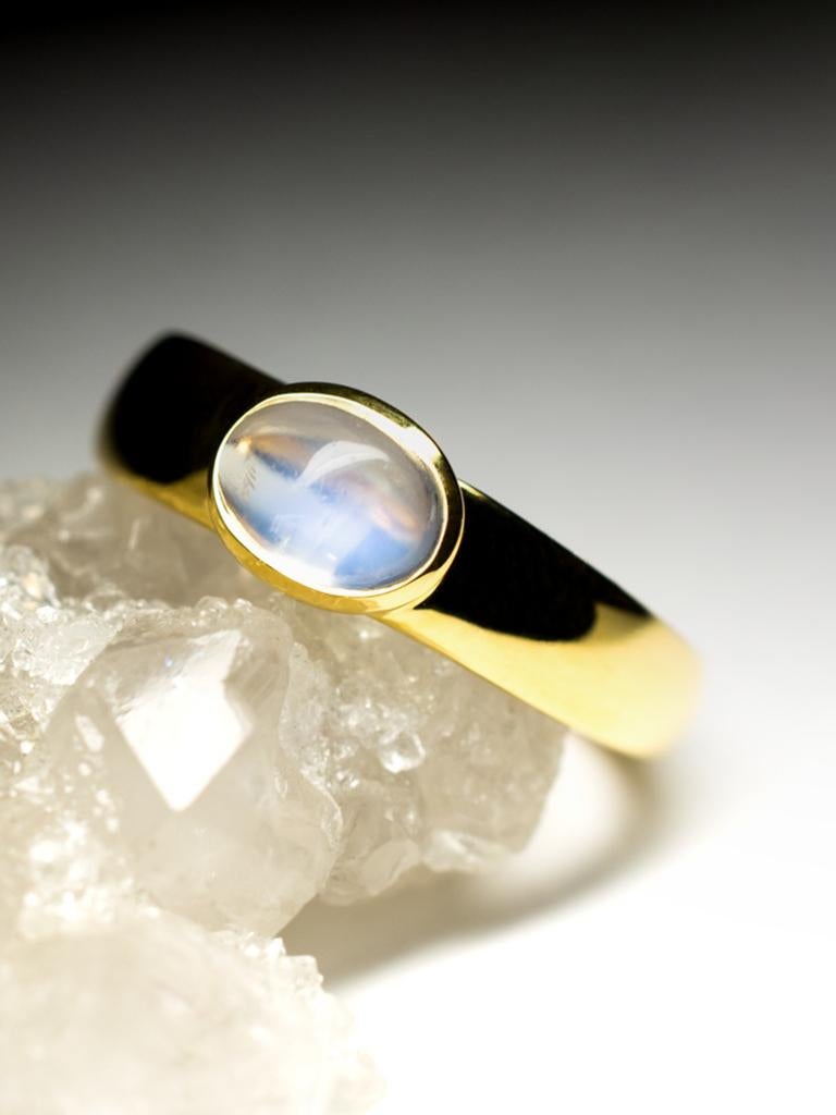 Artisan Moonstone Adularia Gold Ring Pearly White Cabochon Stone For Sale