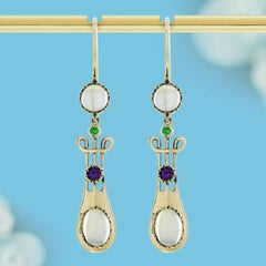 Moonstone Amethyst and Tsavorite Vintage Style Dangle Earrings in 9K Yellow Gold