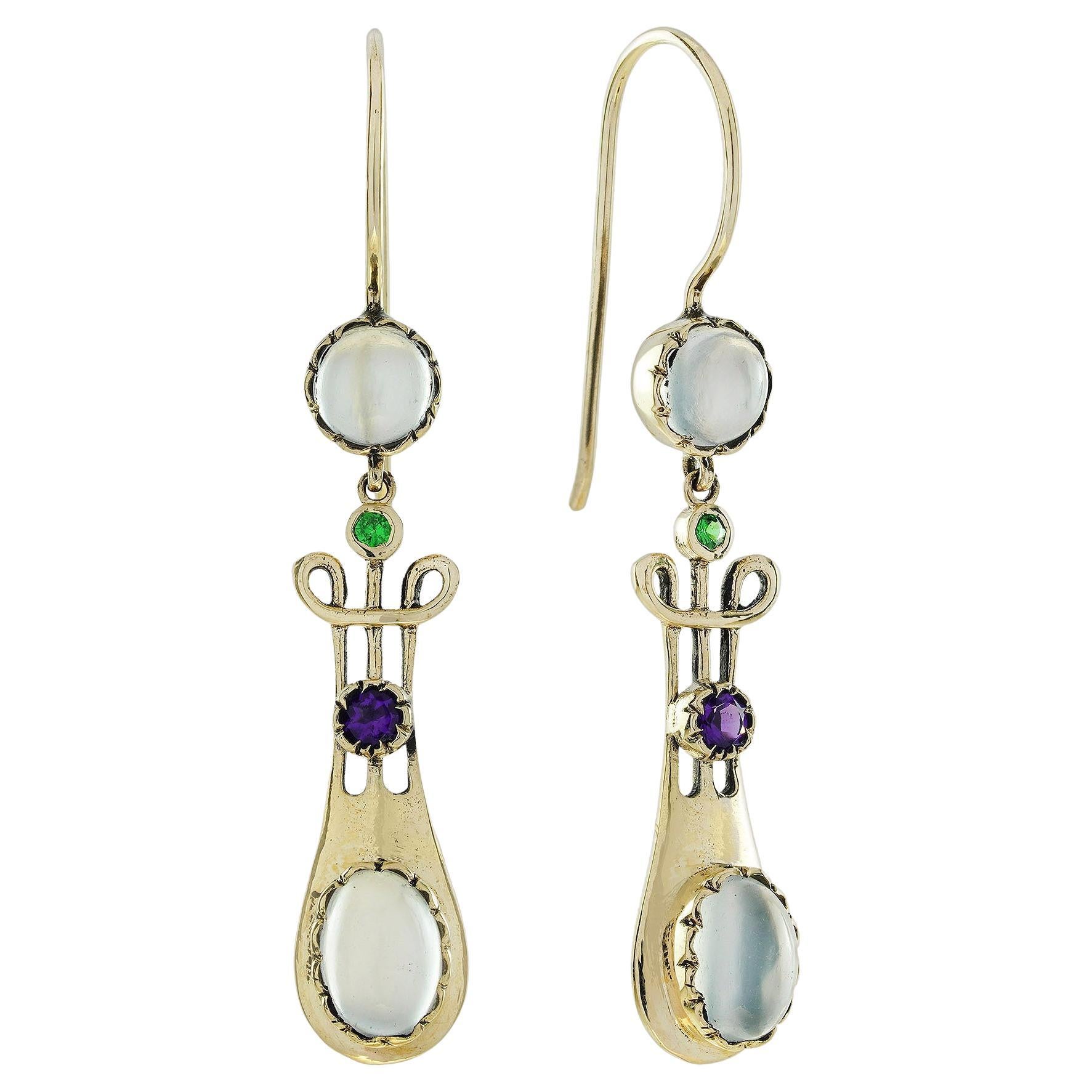 Moonstone Amethyst and Tsavorite Vintage Style Dangle Earrings in 9K Yellow Gold For Sale