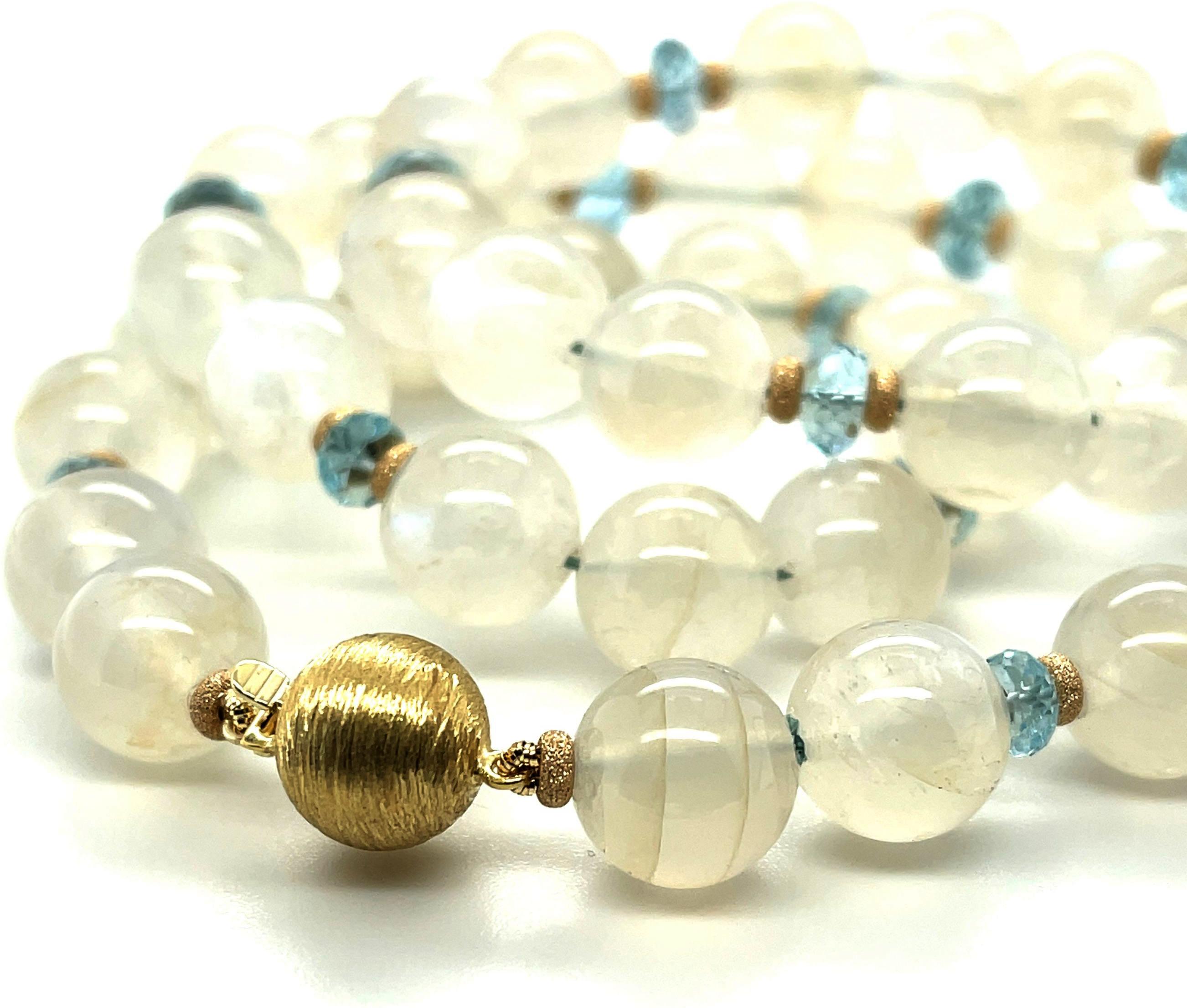 Art Nouveau Moonstone and Aquamarine Beaded Necklace with Yellow Gold Accents
