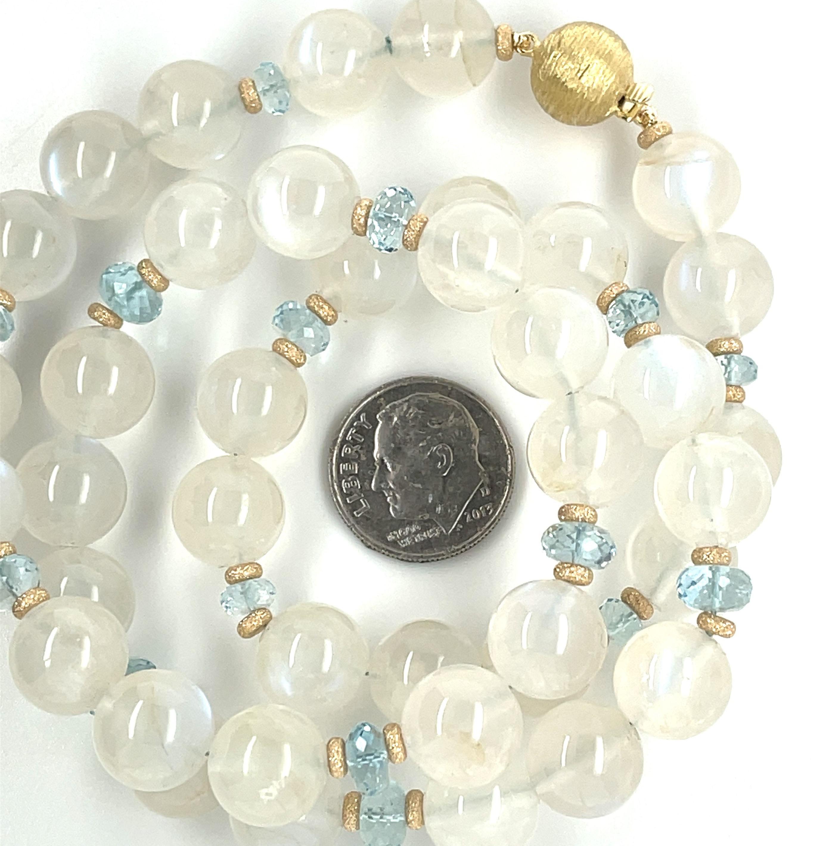 Women's or Men's Moonstone and Aquamarine Beaded Necklace with Yellow Gold Accents