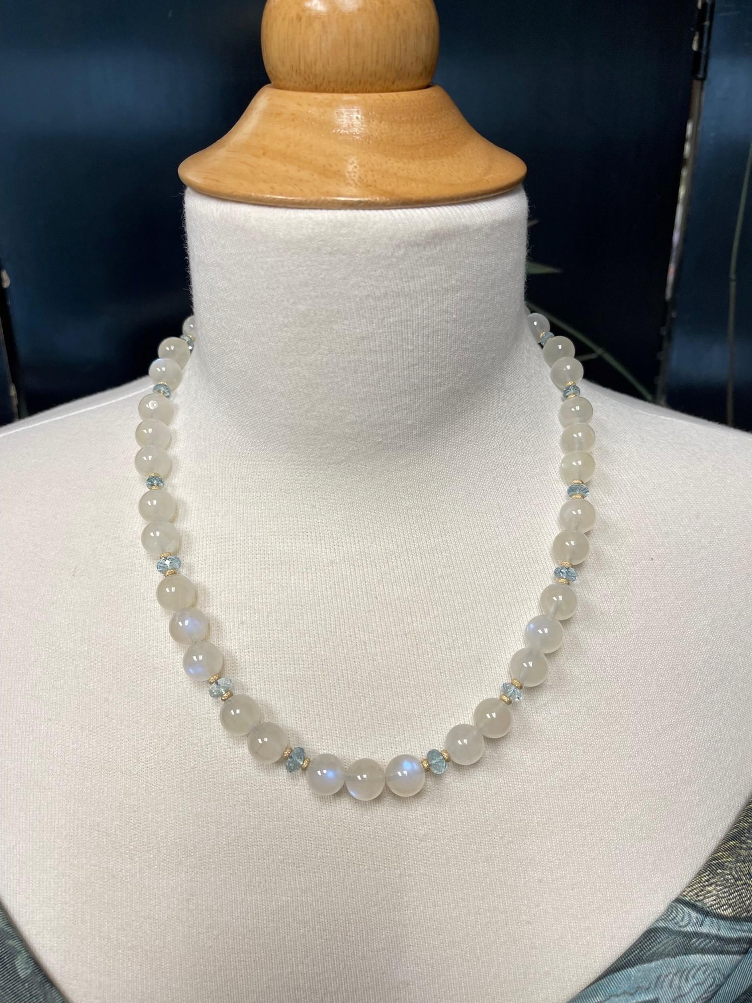 Moonstone and Aquamarine Beaded Necklace with Yellow Gold Accents 3