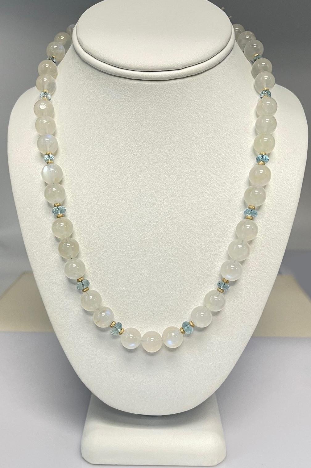 Moonstone and Aquamarine Beaded Necklace with Yellow Gold Accents 2