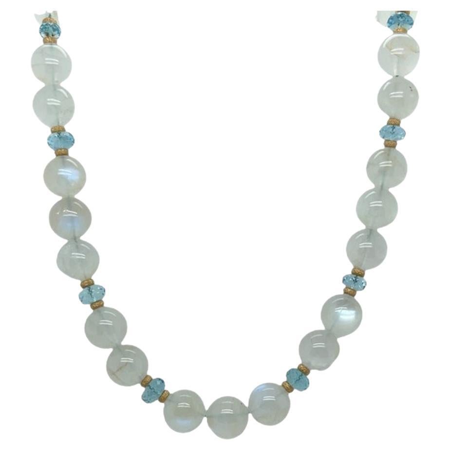 Moonstone and Aquamarine Beaded Necklace with Yellow Gold Accents