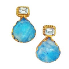 Moonstone and Aquamarine Drop Post Earrings, Yellow Gold