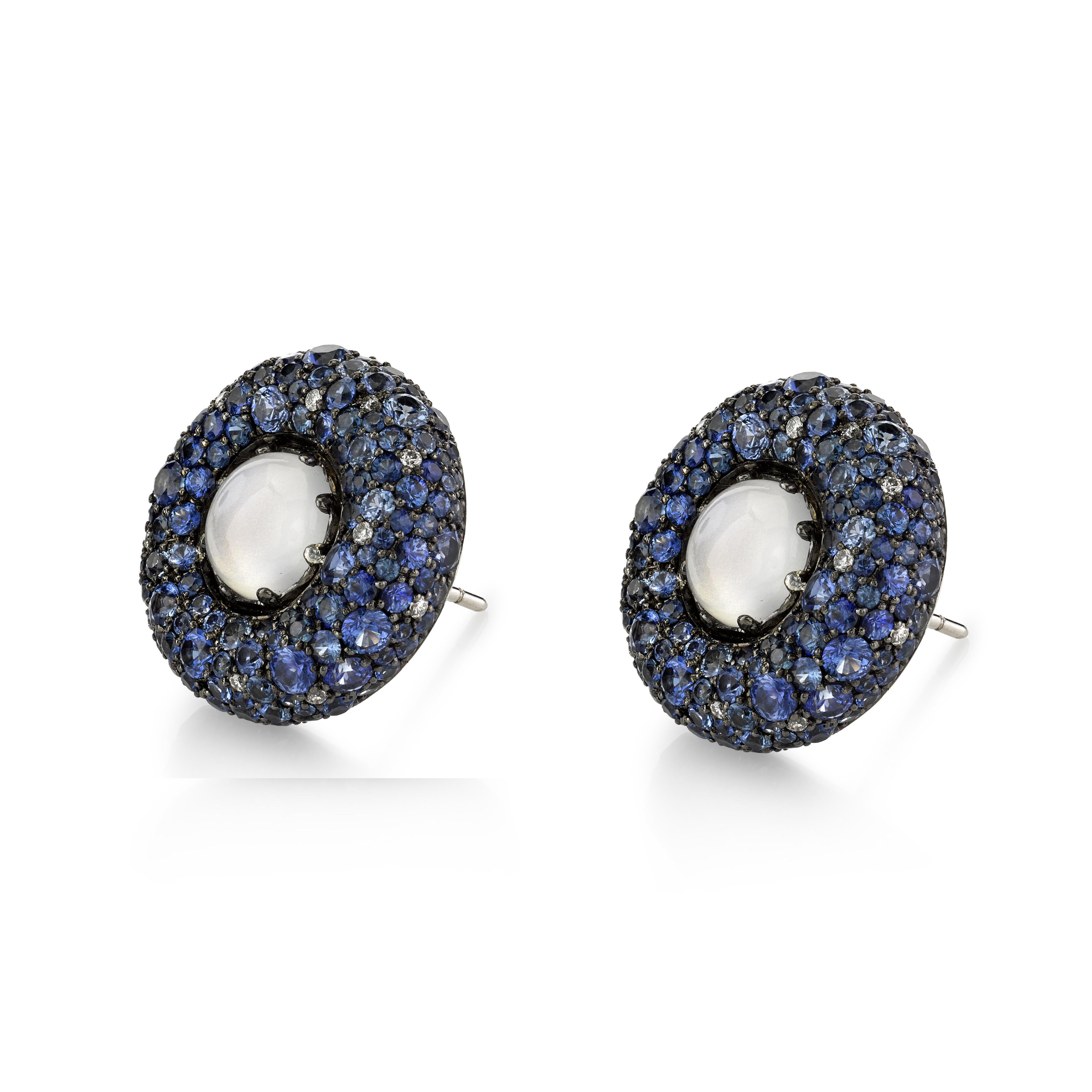 Round Cut Moonstone and Blue Sapphire Earrings  For Sale