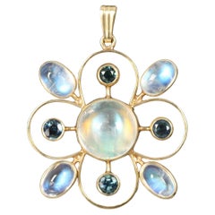 Moonstone and Blue Sapphire Floral Pendant