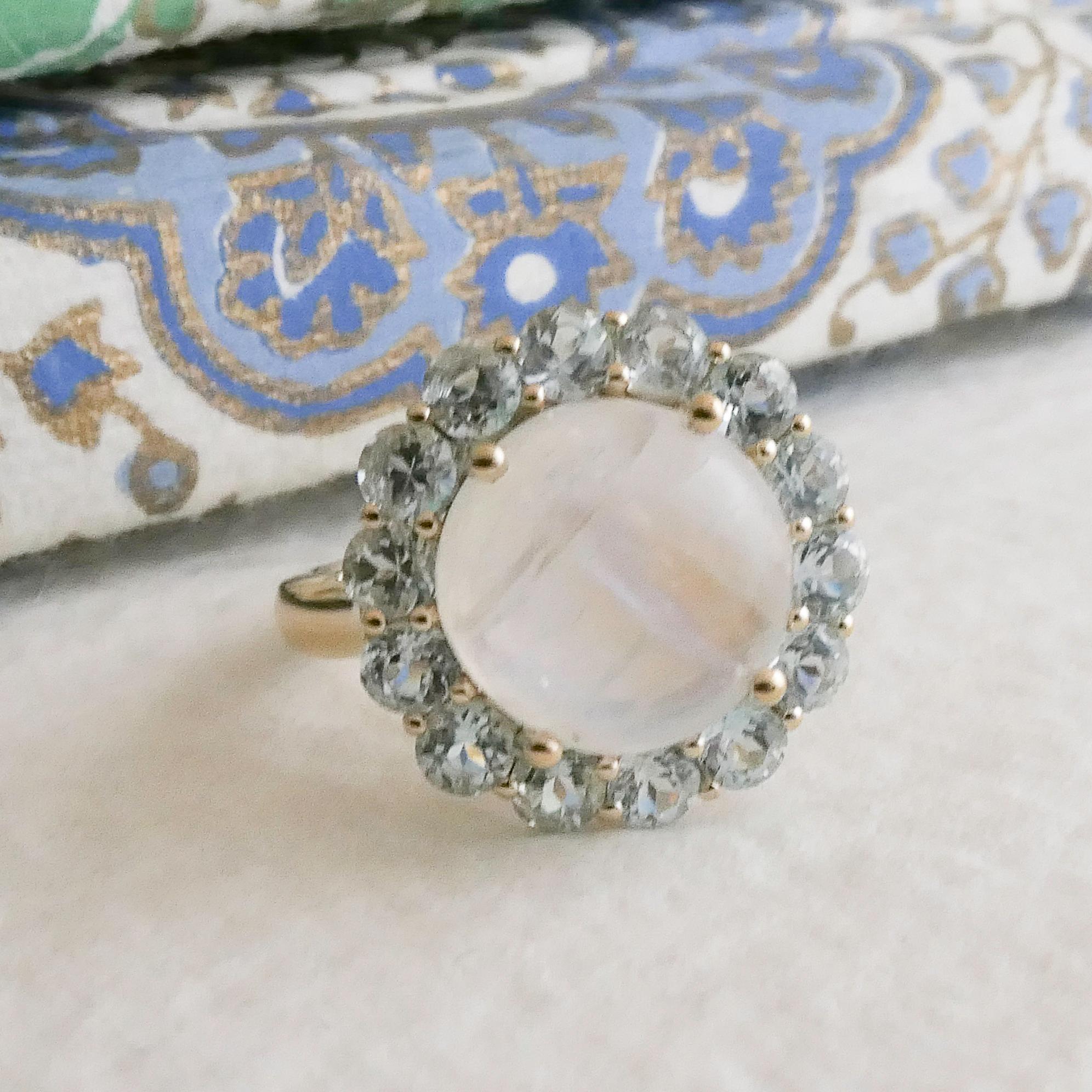 Pierre de lune et topaze bleue or jaune 14 carats  Bague taille 7 en vente 4