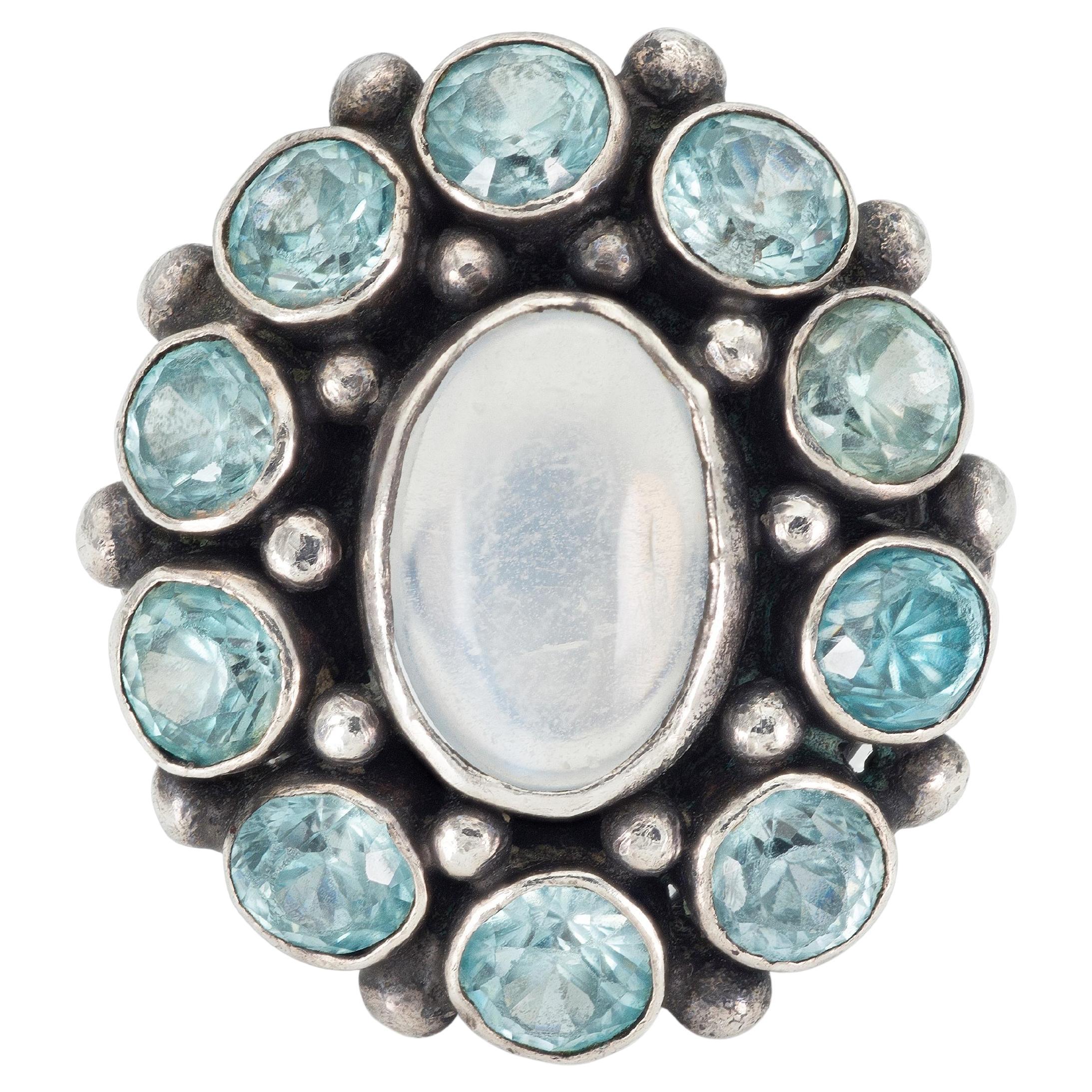 Moonstone and Blue Zircon Cluster Ring