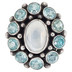Bague en pierre de lune et zircon bleu