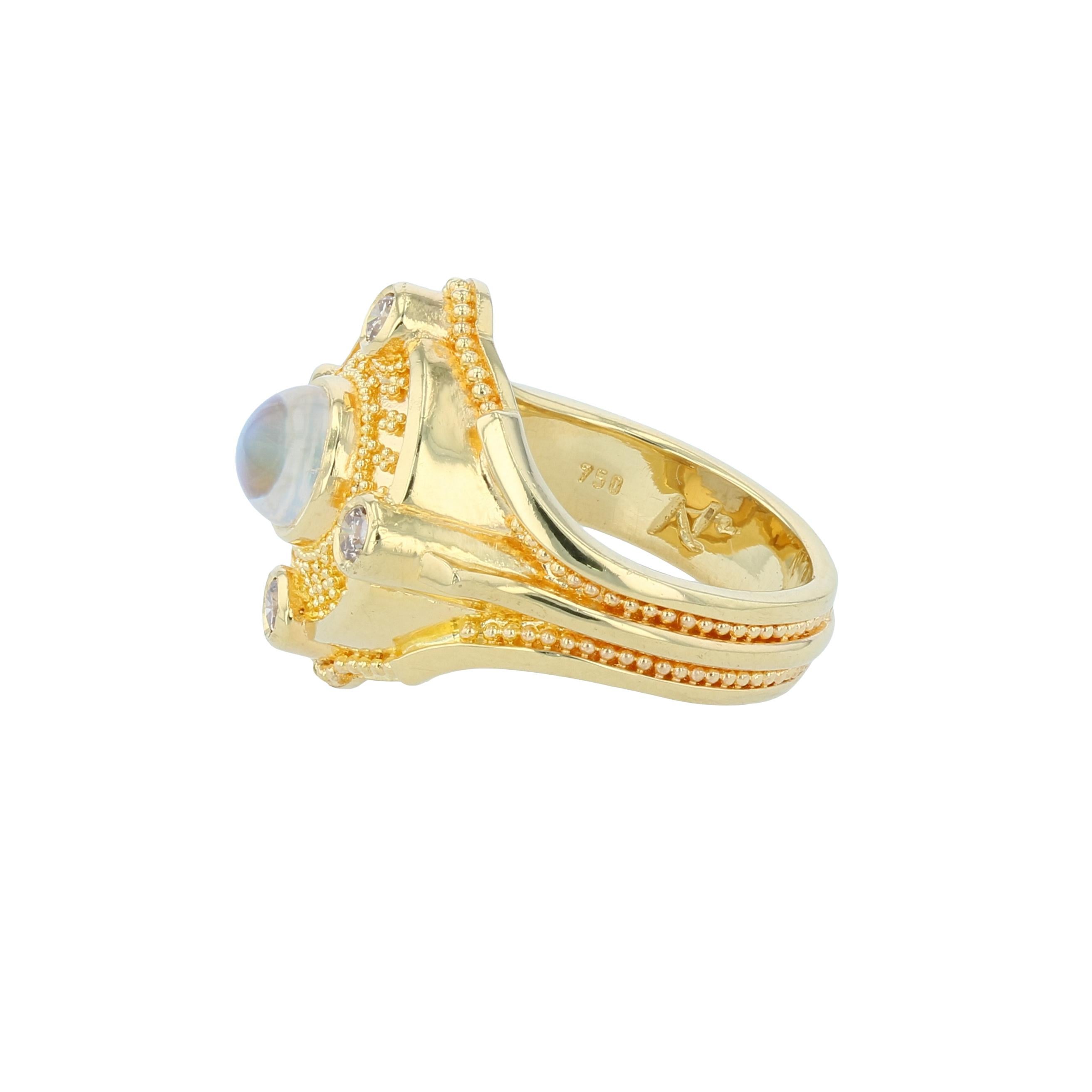 Artiste Bague cocktail granulée en or 18 carats, pierre de lune et diamant champagne