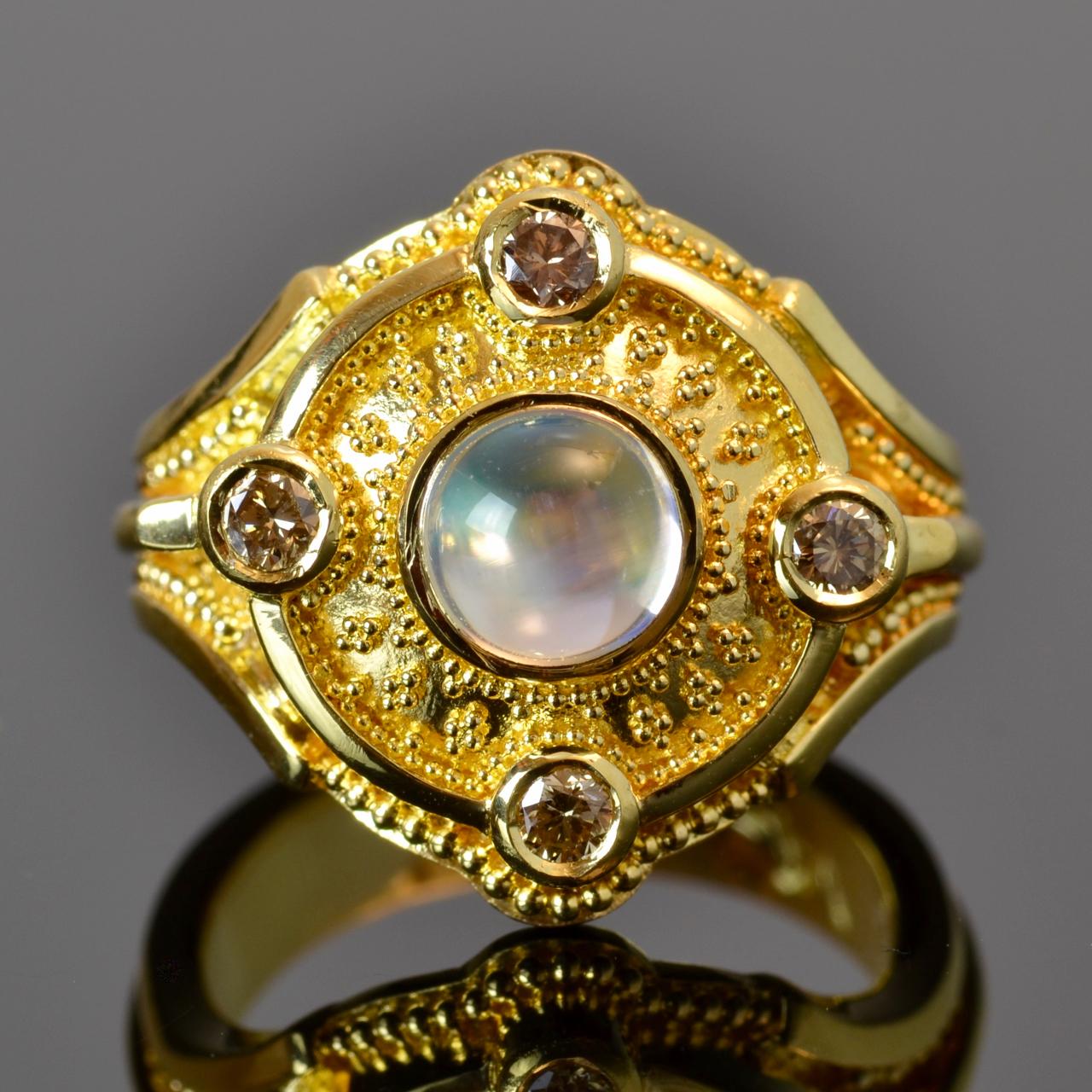 Moonstone and Champagne Diamond 18 Karat Gold Granulation Cocktail Ring 1