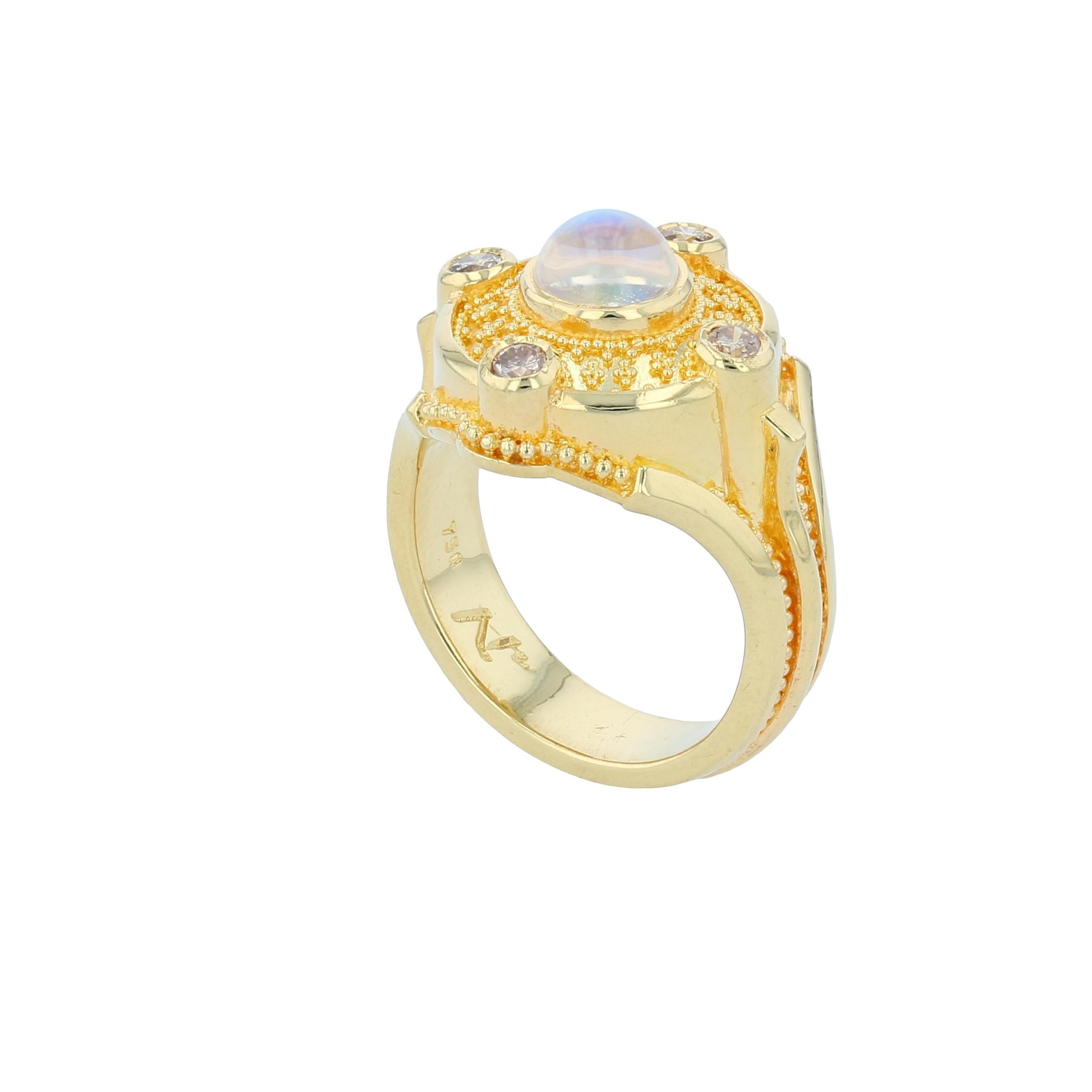 Women's or Men's Moonstone and Champagne Diamond 18 Karat Gold Granulation Cocktail Ring