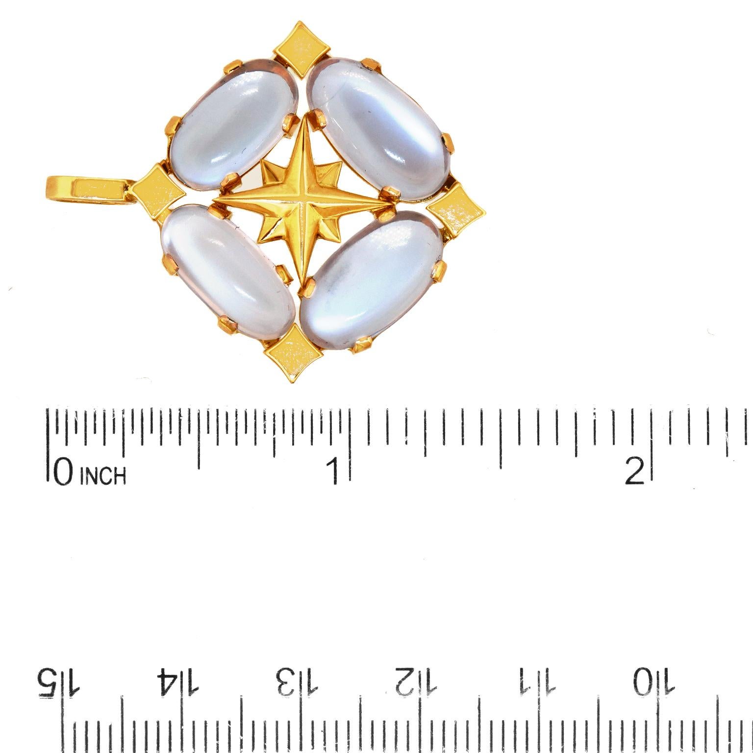 Women's or Men's Moonstone and Compass Rose Pendant c1960s 18k American For Sale