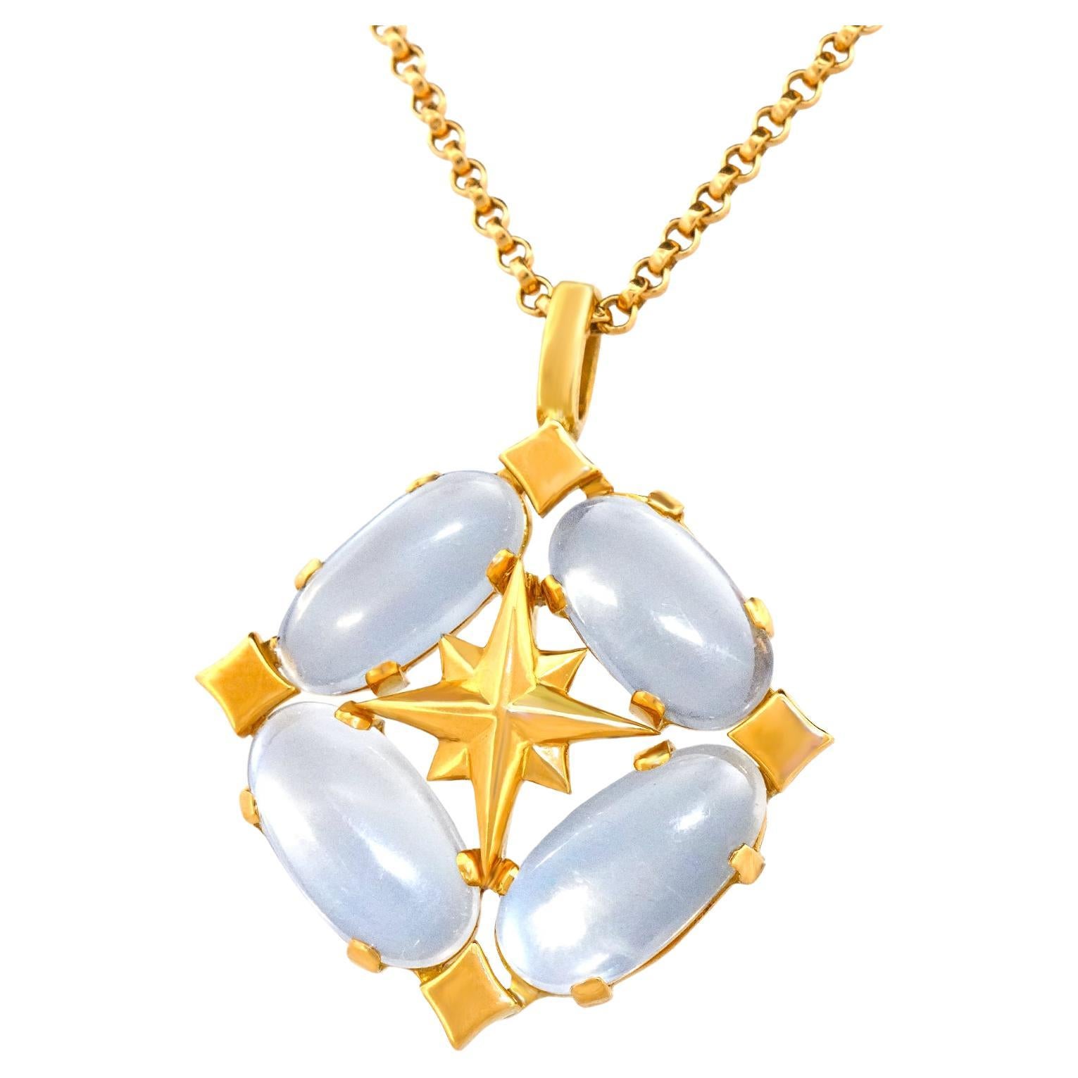 Moonstone and Compass Rose Pendant c1960s 18k American For Sale