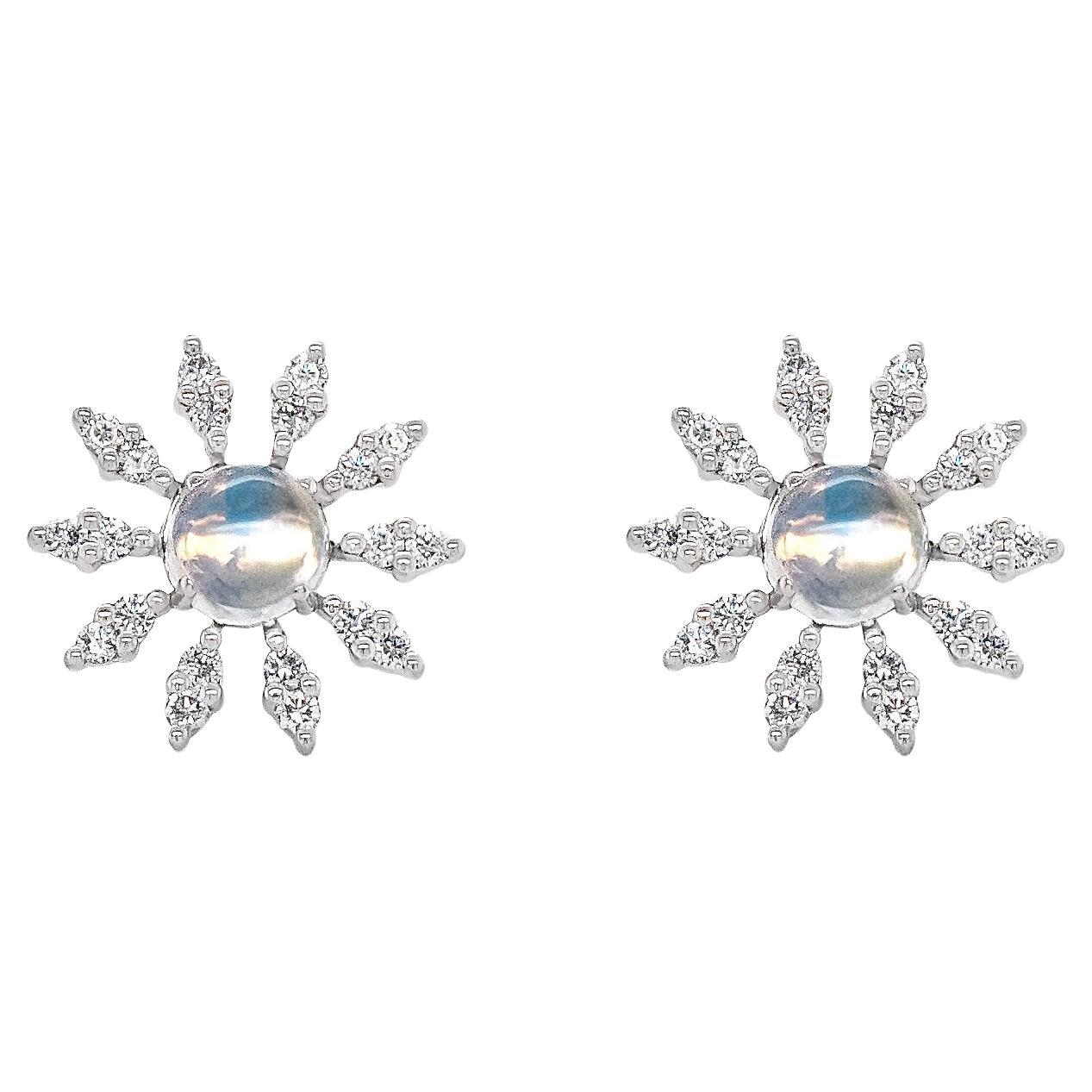 Moonstone and Diamond Cluster Earrings in 18k White Gold