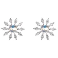 Moonstone and Diamond Cluster Earrings in 18k White Gold