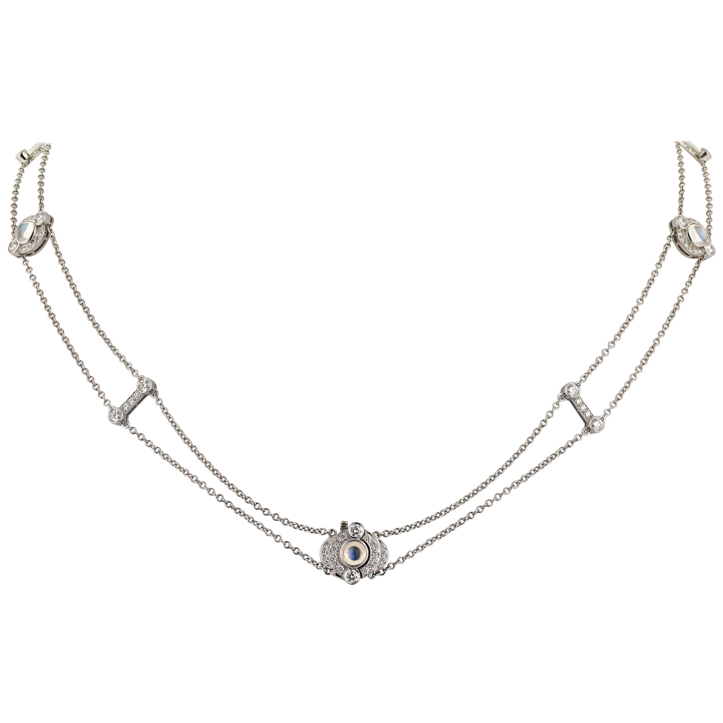 Doppelreihige Halskette mit Mondstein und Diamanten von Tiffany & Co.