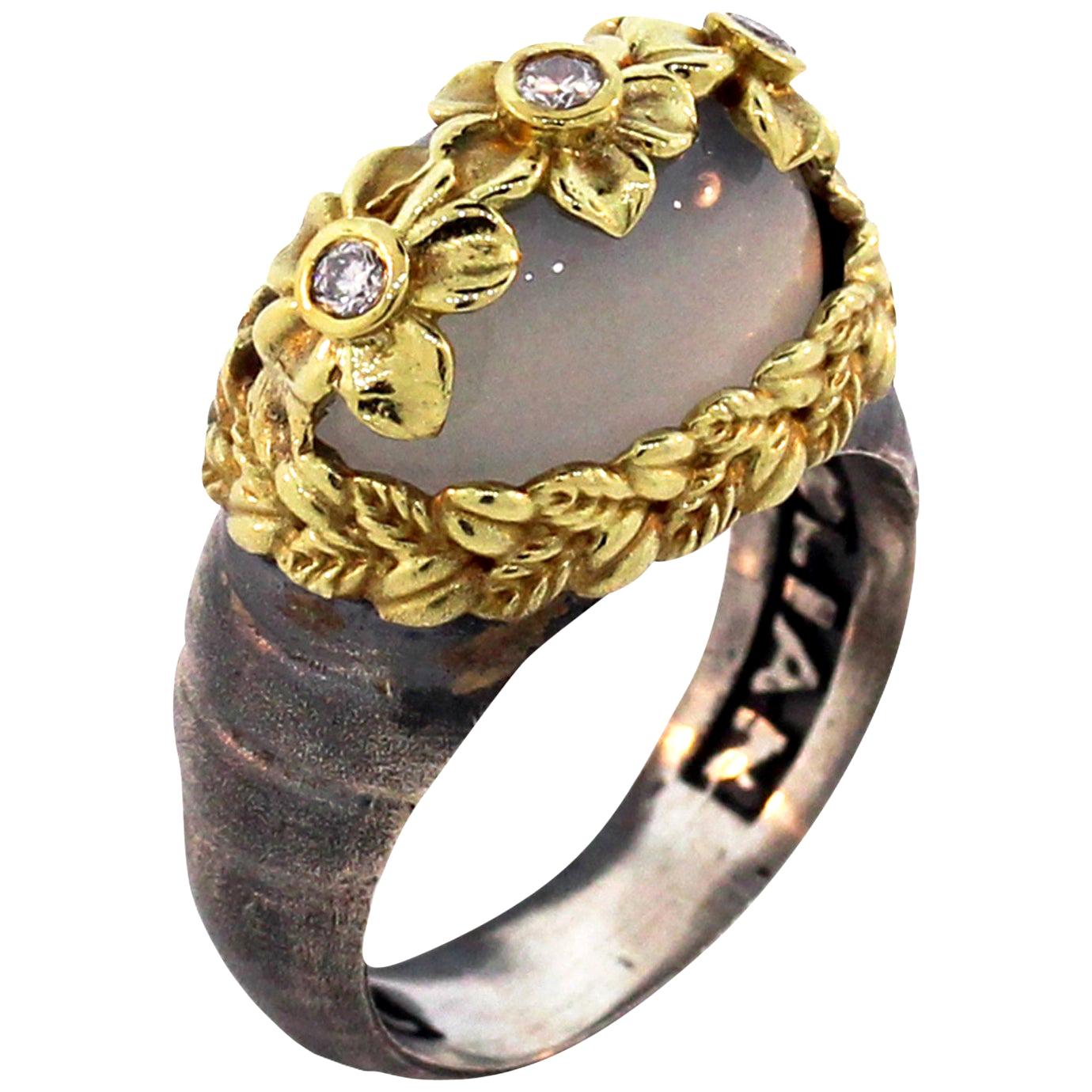 Moonstone and Diamond Floral Ring with Sterling Silver and Gold Stambolian