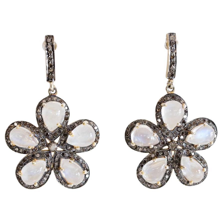 Moonstone and Diamond Flower Chandelier Dangle Earrings