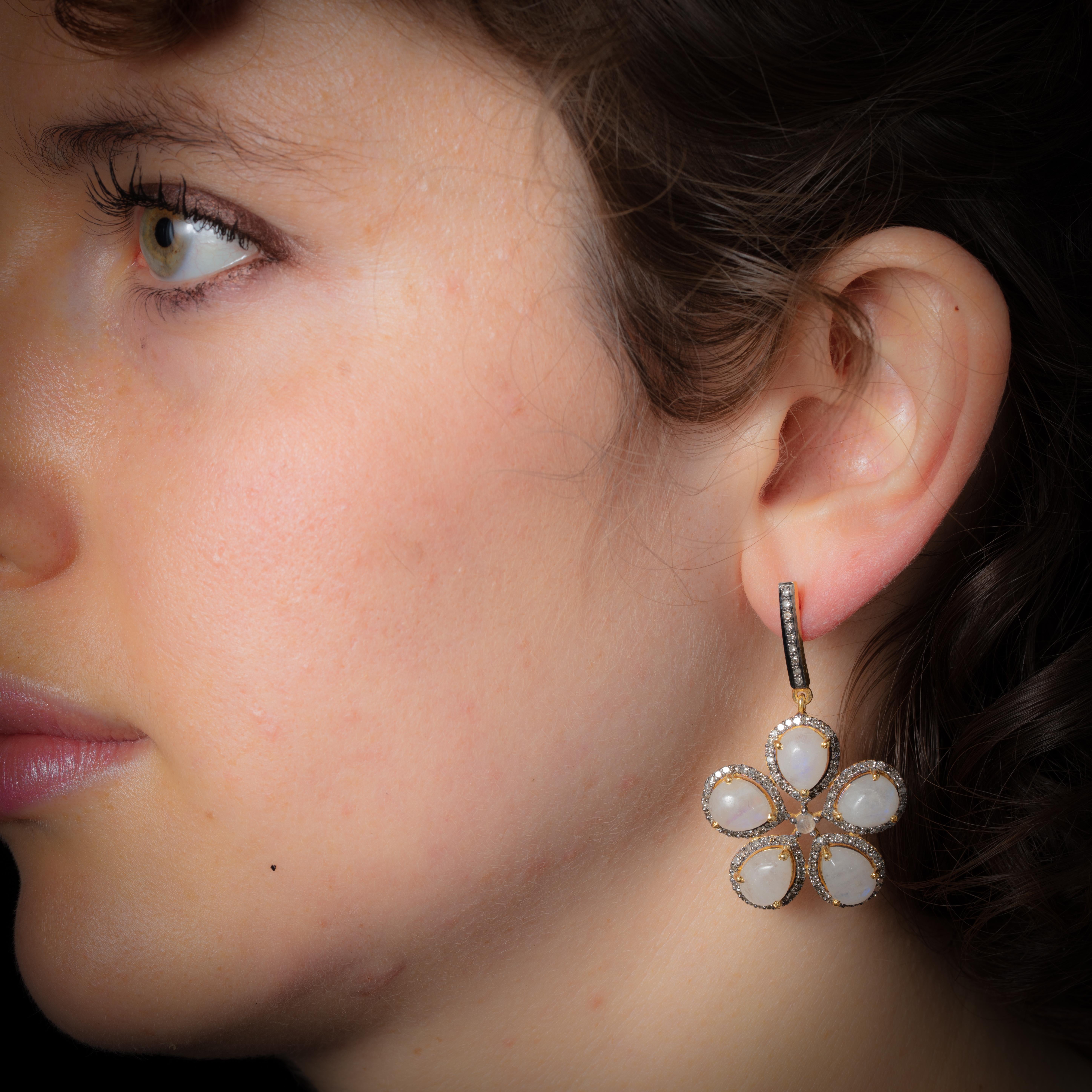 Moonstone and Diamond Flower Earrings In New Condition In Nantucket, MA
