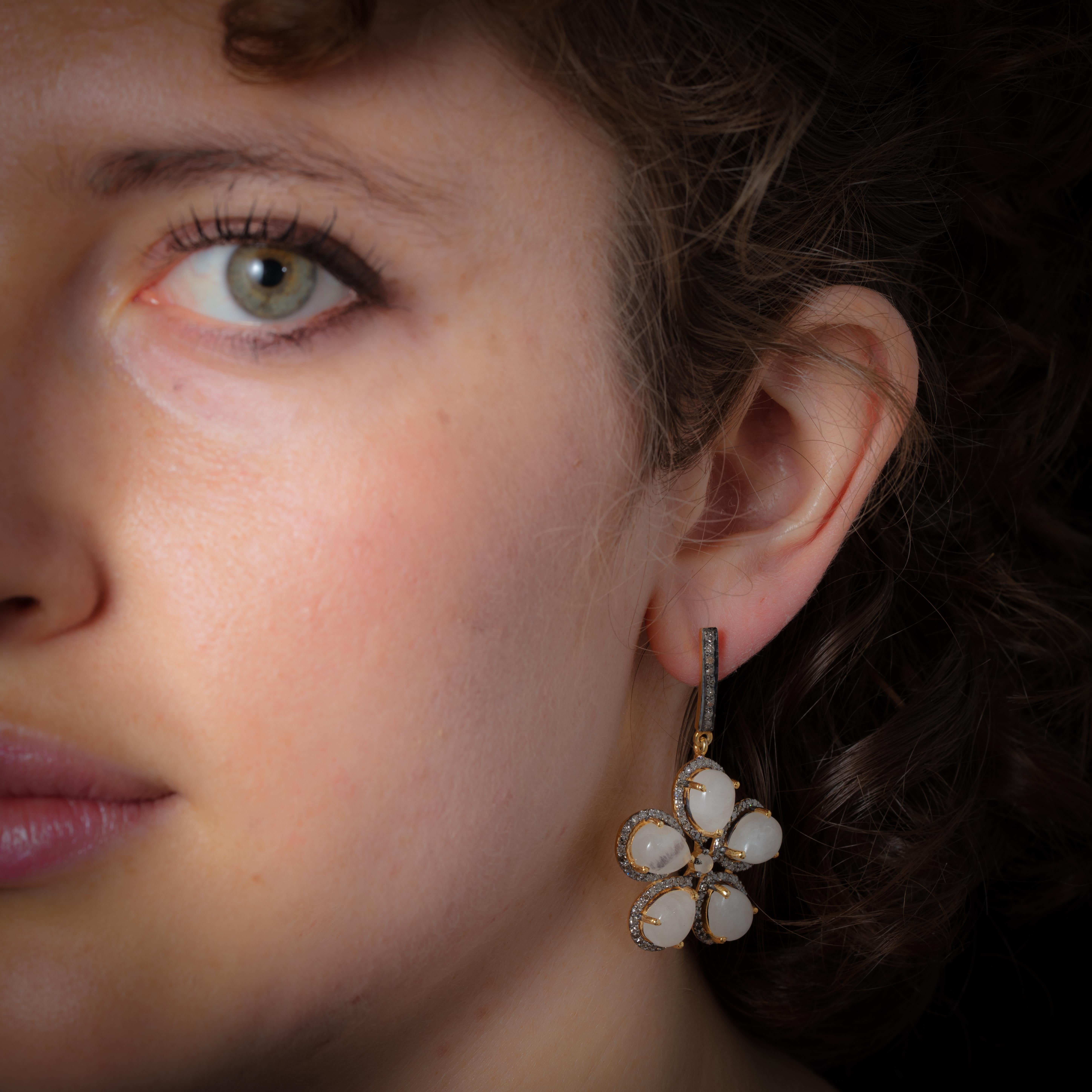 Women's or Men's Moonstone and Diamond Flower Earrings