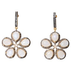 Moonstone and Diamond Flower Earrings