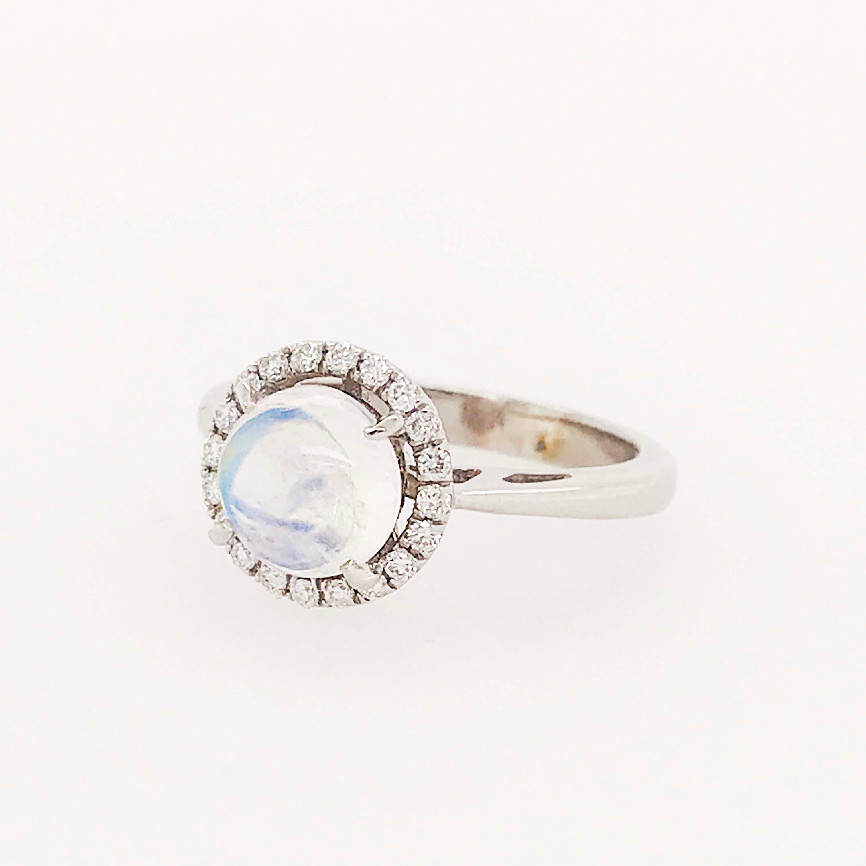 Moonstone and Diamond Halo Engagement Ring, Modern Platinum Engagement Ring In New Condition For Sale In Austin, TX