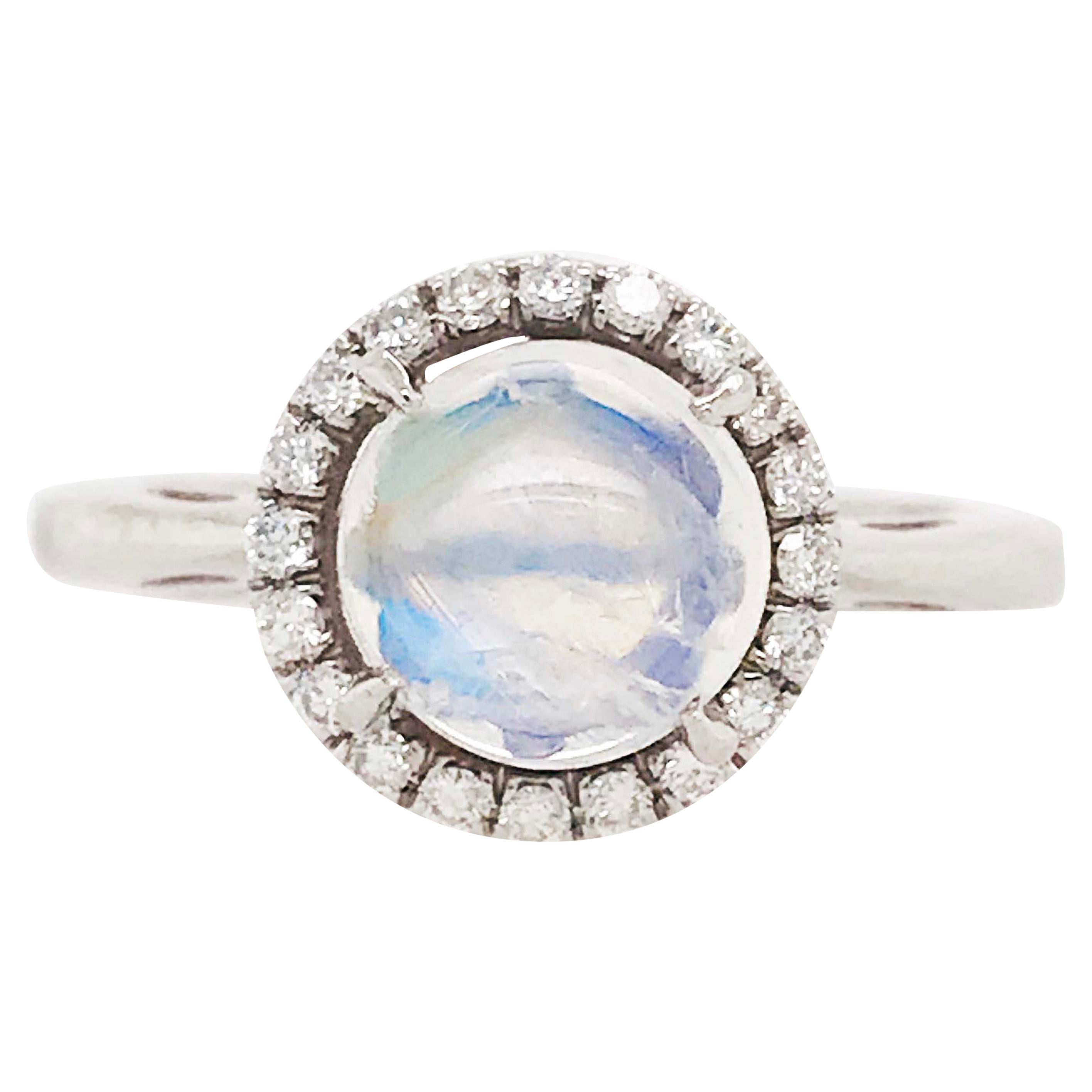 Moonstone and Diamond Halo Engagement Ring, Modern Platinum Engagement Ring For Sale