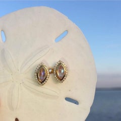 Moonstone and Diamond Marquise Stud Earrings 18 Karat Yellow Gold
