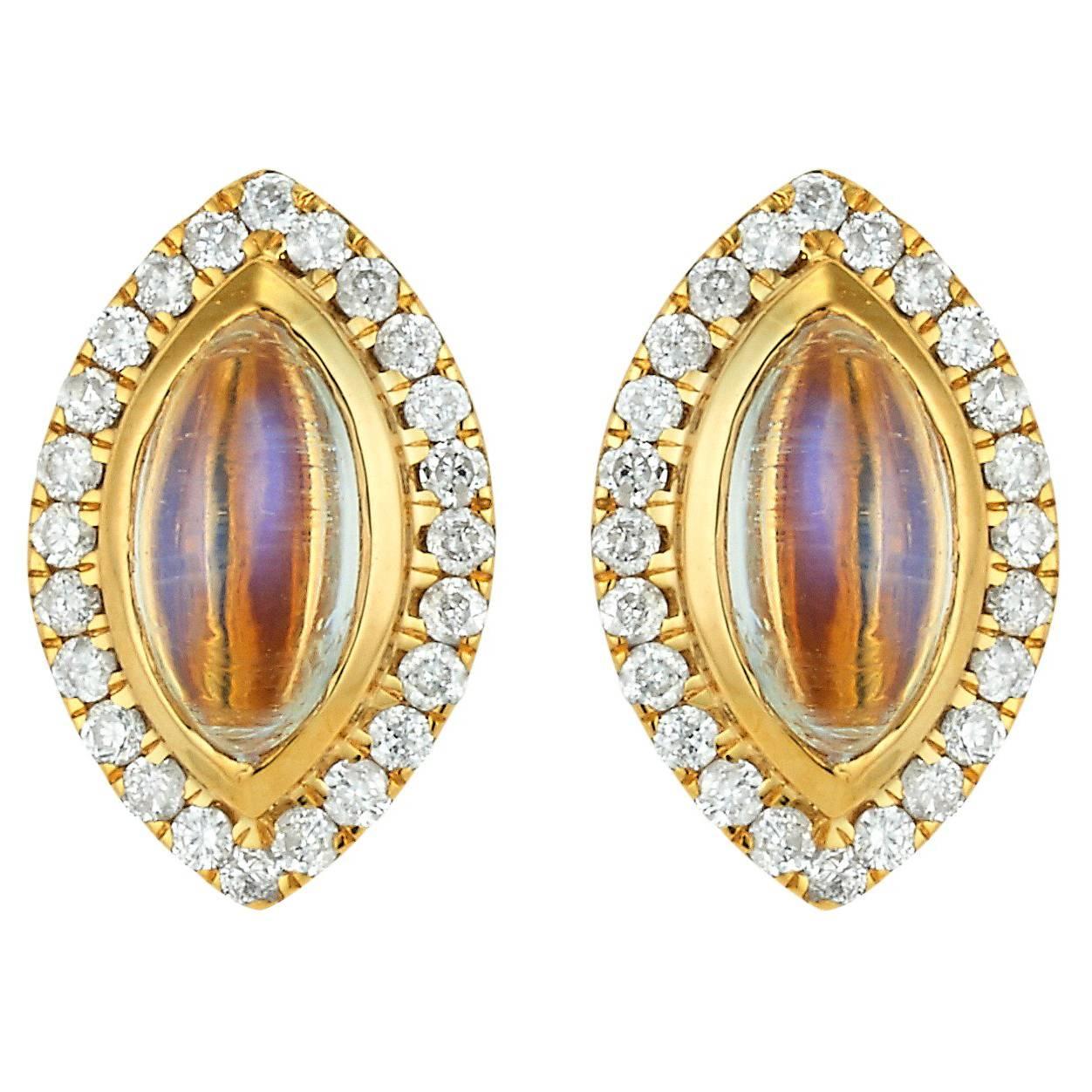 Moonstone and Diamond Marquise Stud Earrings 18 Karat Yellow Gold For Sale