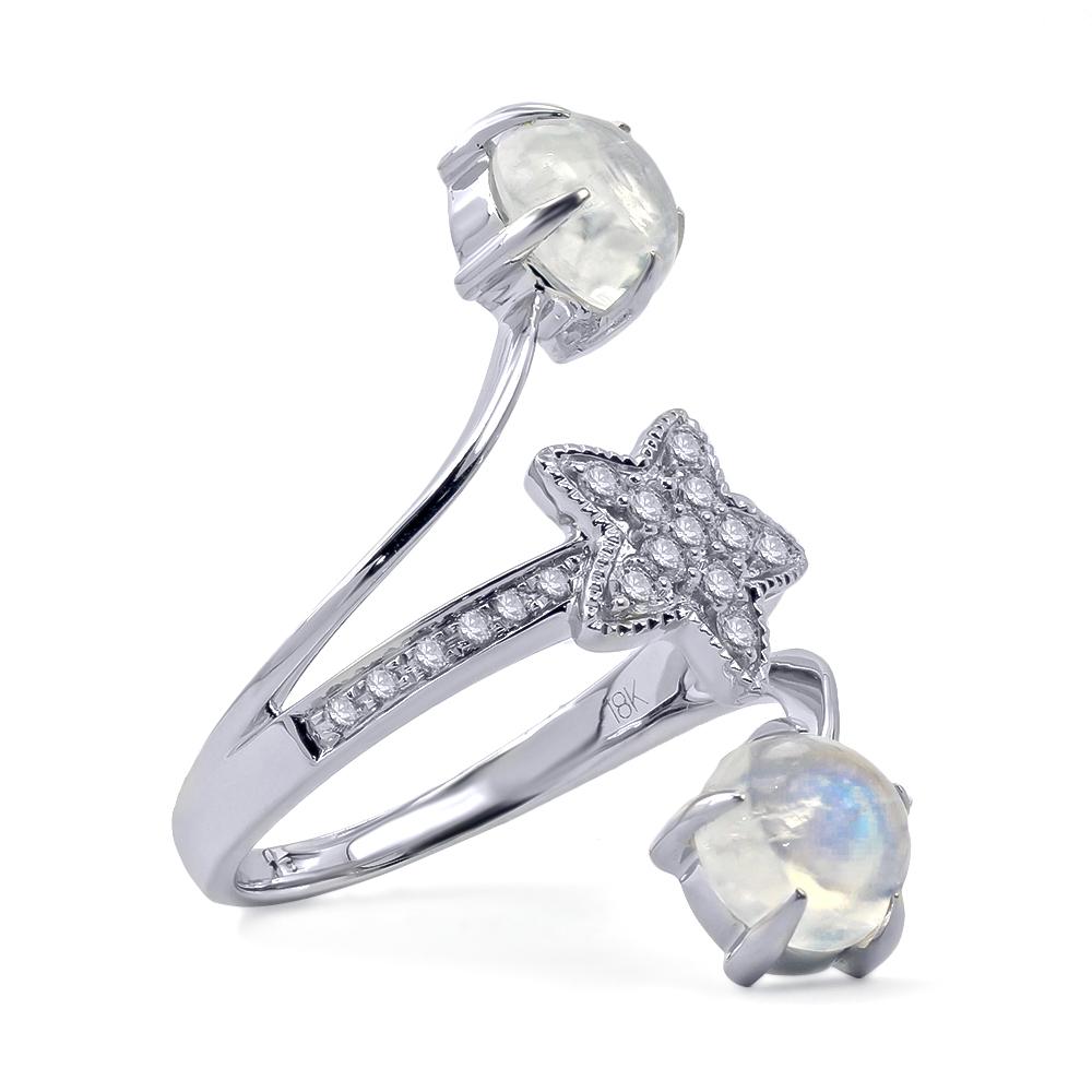 Crafted in 18kt white gold this ring features two round shaped cabochon moonstones weighing a total of 2.78 ct. that bypass a star shaped motif set with sparkling white diamonds weighing a total of 0.25 ct.

Ring size is 6.75 (17.1 mm) and can be