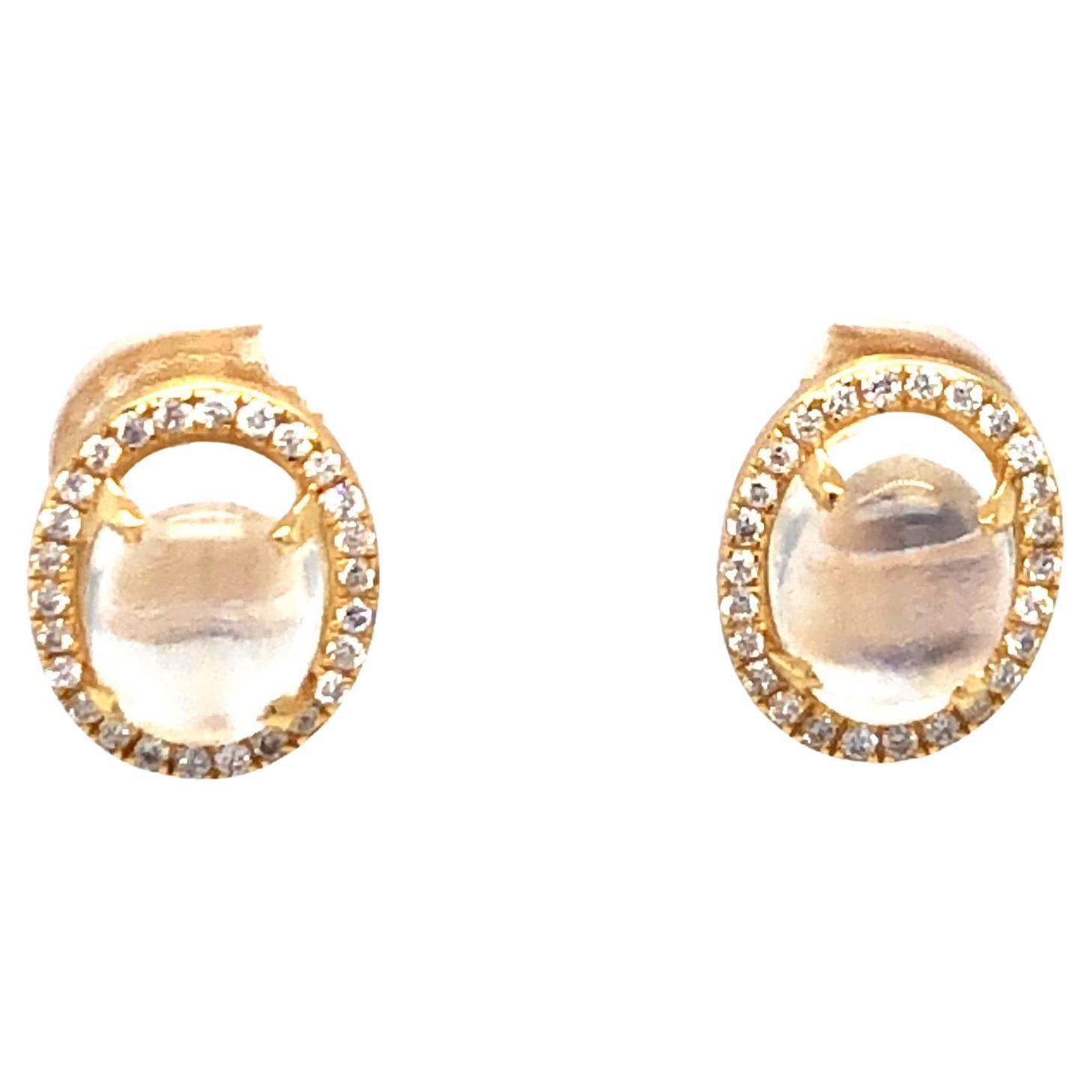 Moonstone and Diamond Studs 18K Yellow Gold For Sale