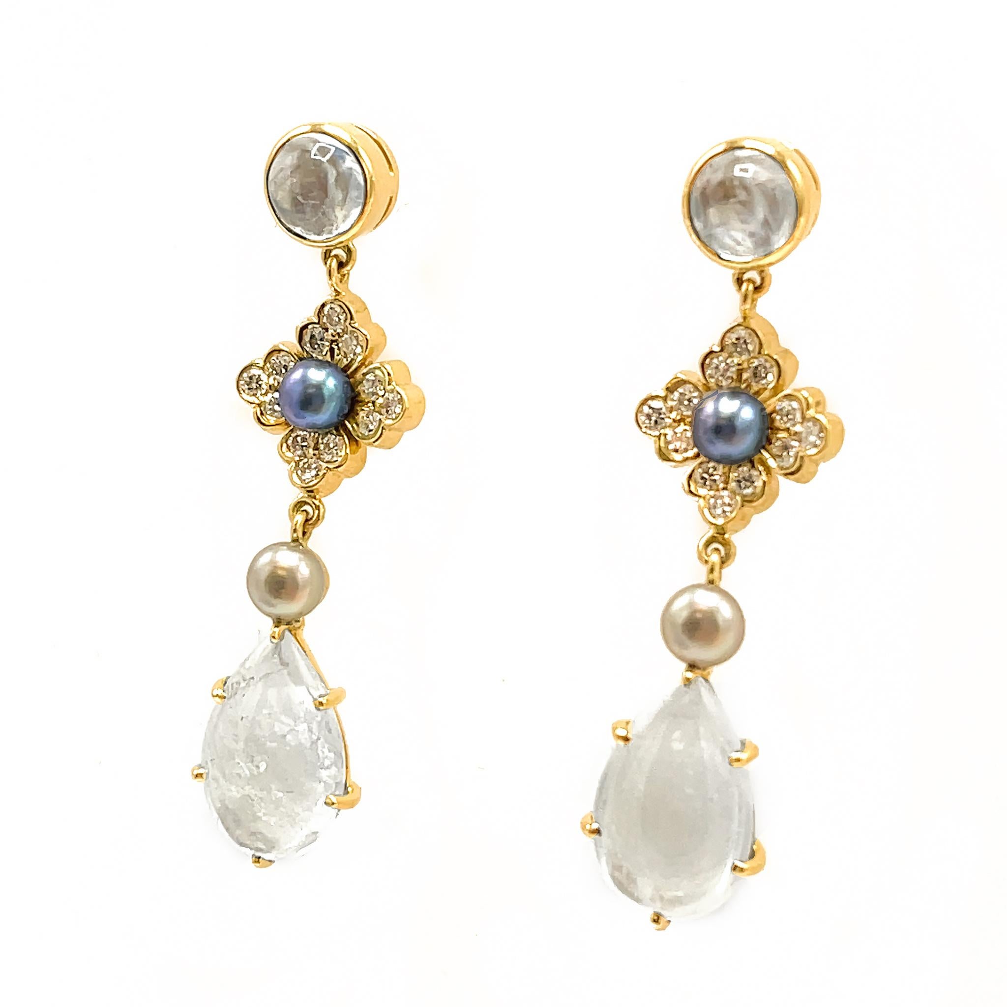 Round Cut Moonstone and Diamonds Drop Earrings
