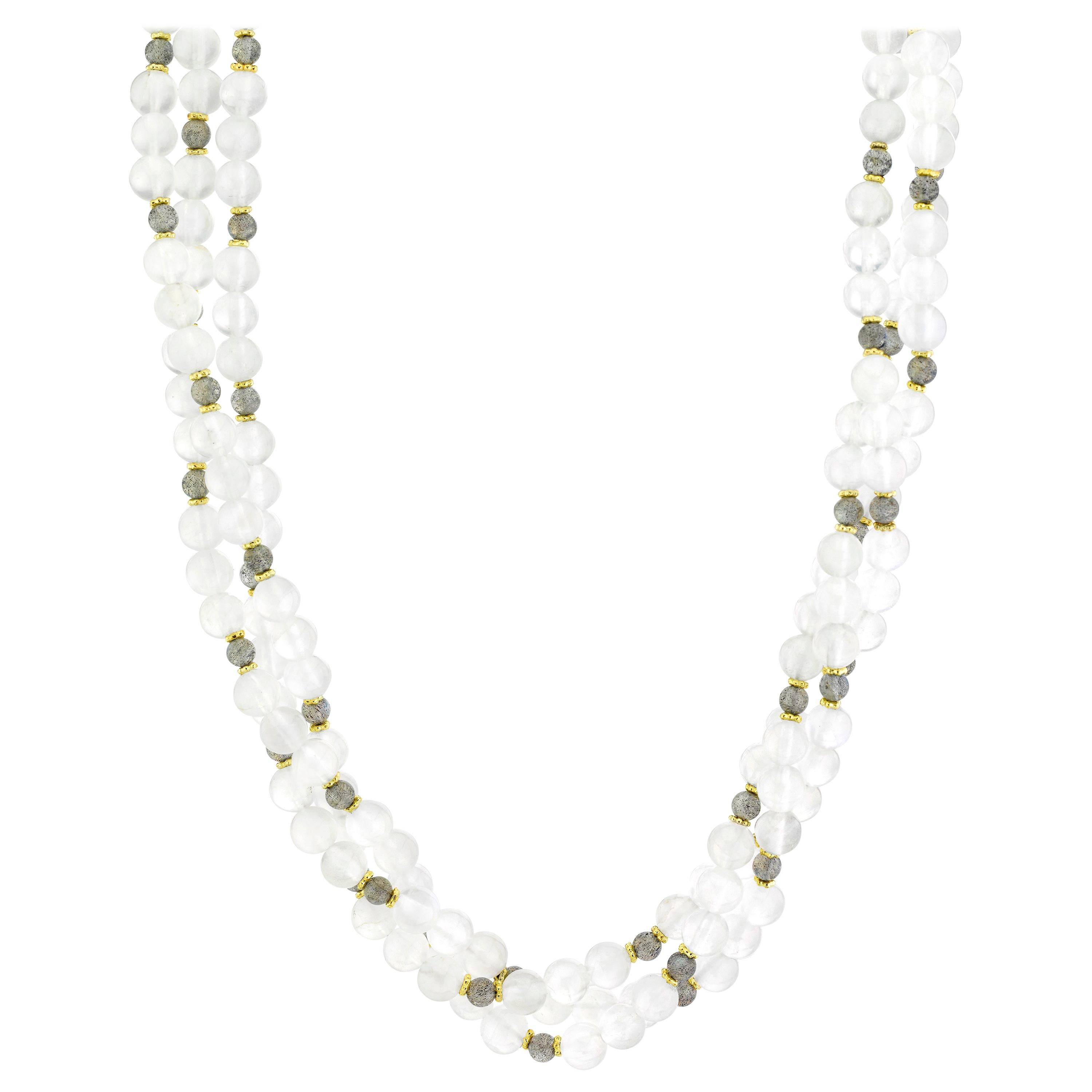 3-Strand Moonstone and Labradorite Beaded Necklace with 18k Yellow Gold Accents For Sale