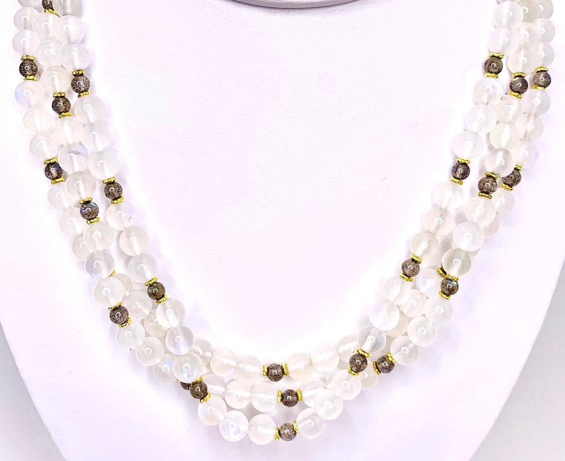 3-Strand Moonstone and Labradorite Beaded Necklace with 18k Yellow Gold Accents For Sale 3