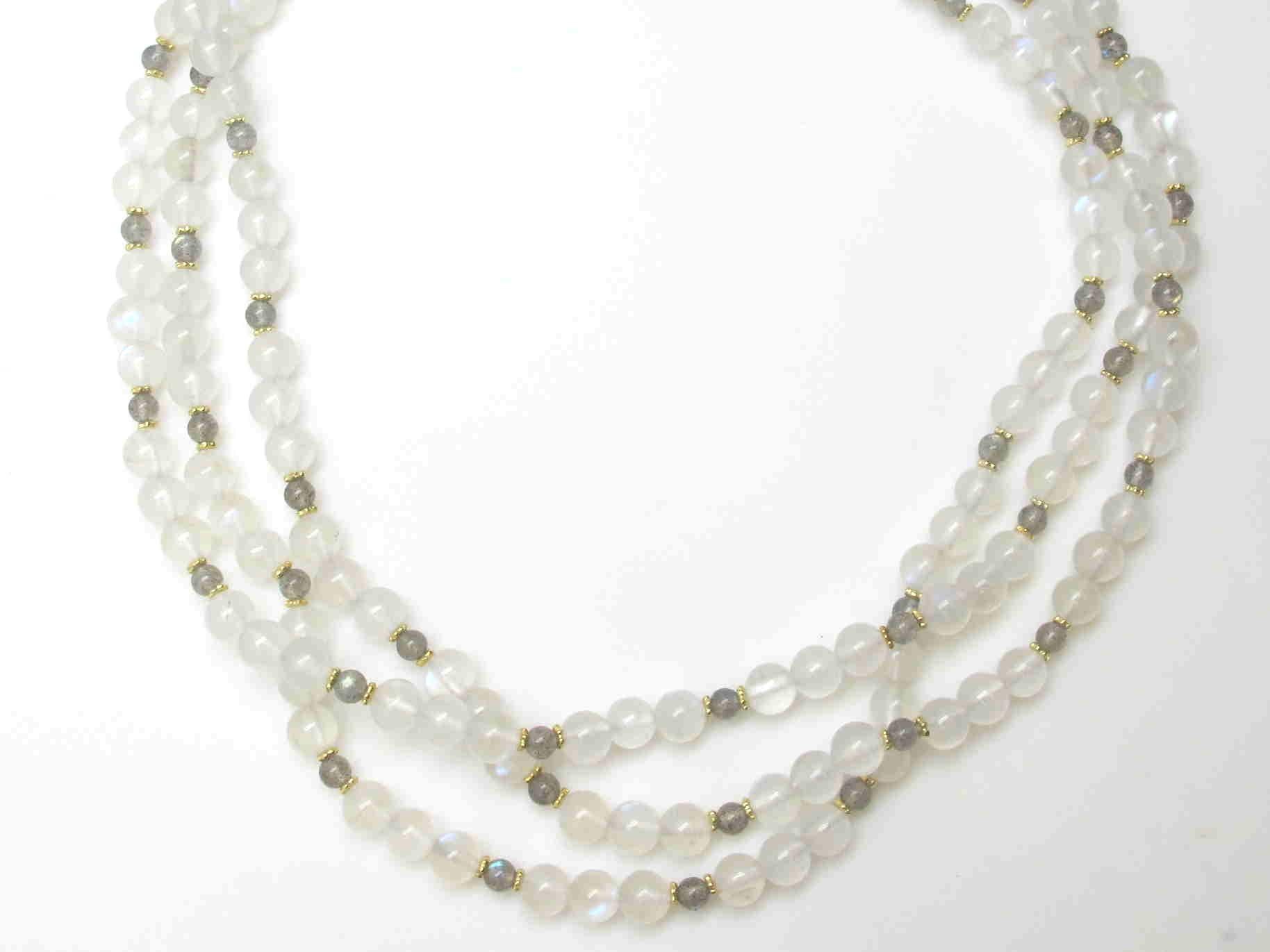 Artisan 3-Strand Moonstone and Labradorite Beaded Necklace with 18k Yellow Gold Accents For Sale