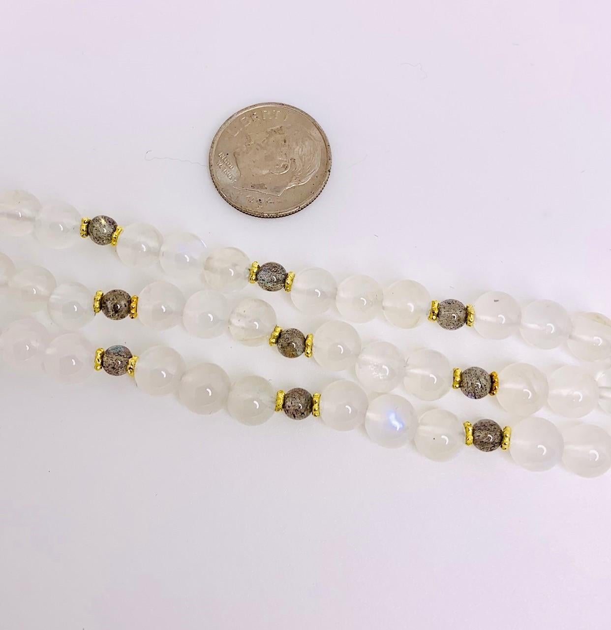 3-Strand Moonstone and Labradorite Beaded Necklace with 18k Yellow Gold Accents For Sale 2