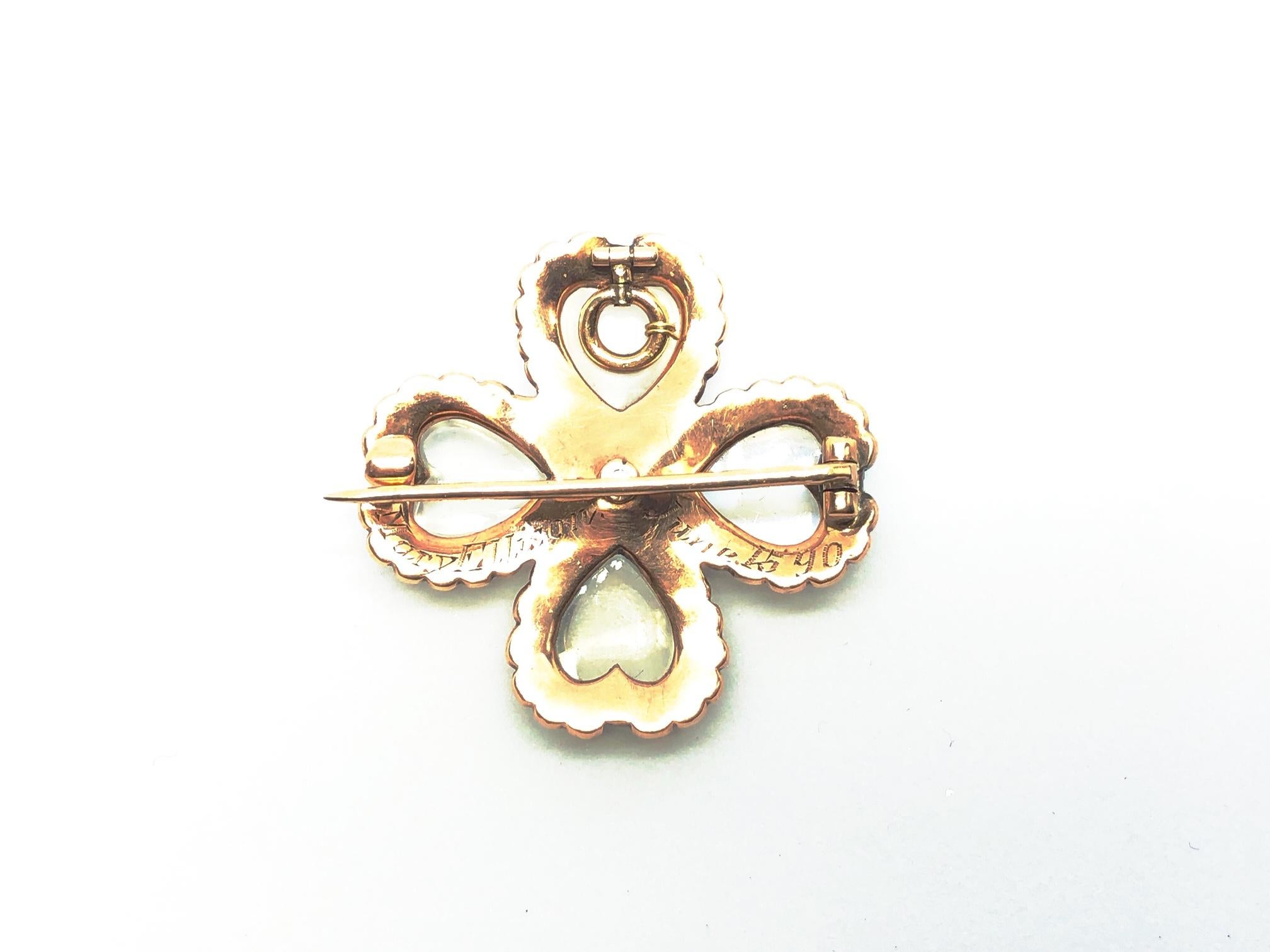 Late Victorian Moonstone and Pearl Four-Leaf Clover Brooch-Cum-Pendant