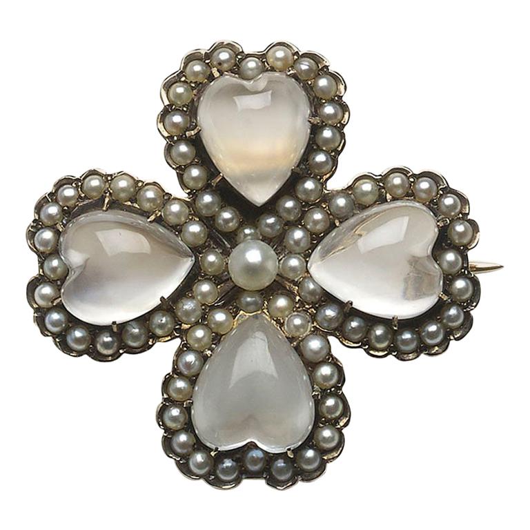 Moonstone and Pearl Four-Leaf Clover Brooch-Cum-Pendant