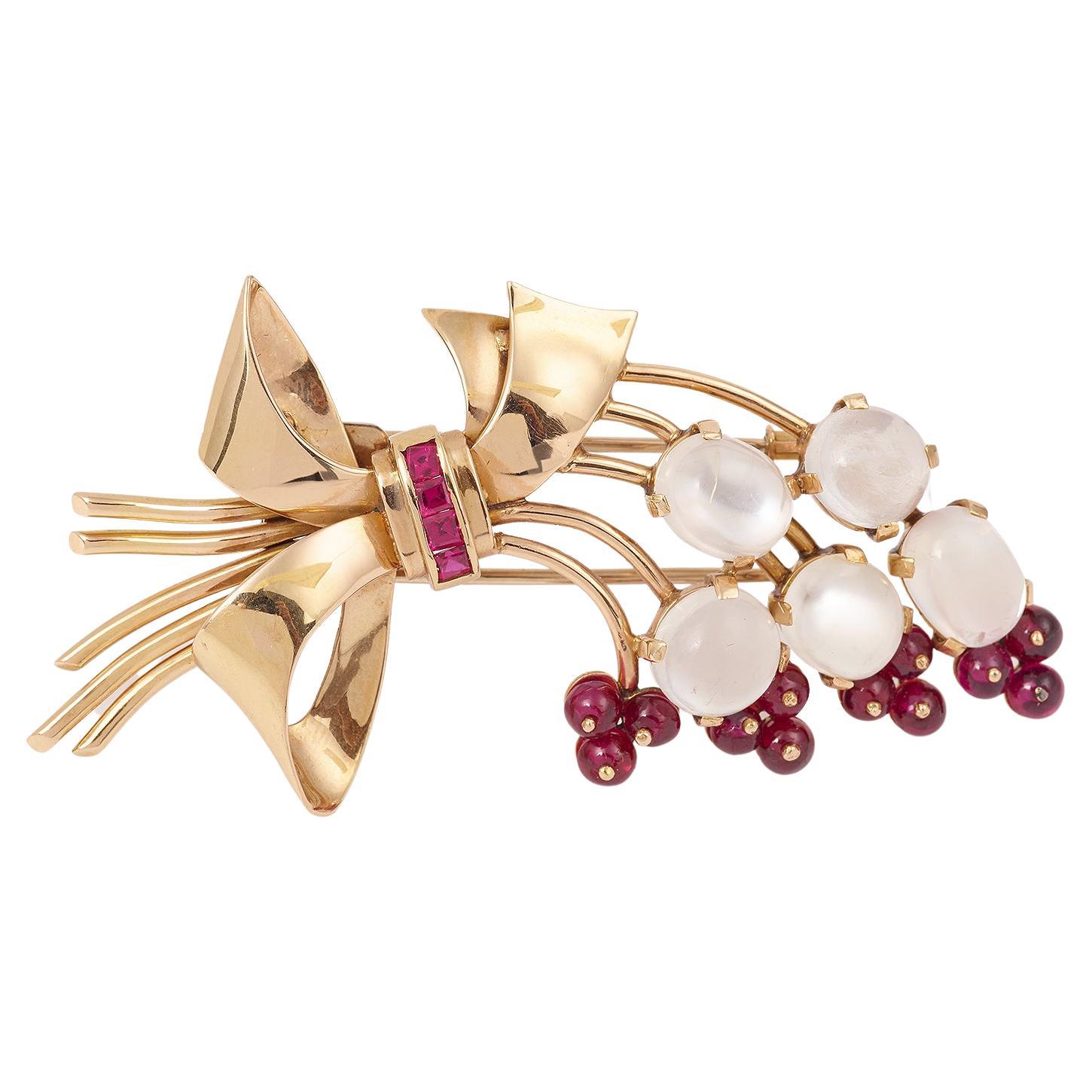 Retro Moonstone and Red Stones Bouquet 18K Yellow Gold Brooch