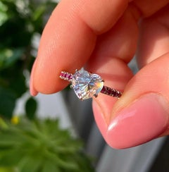 Moonstone and Ruby natural gemstone Ring, 14 Karat White Gold, 7US, Certified