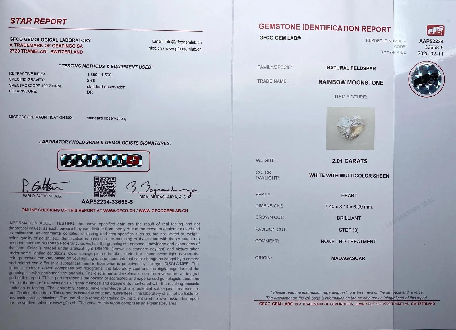 Bague en or blanc 14 carats, pierre de lune et rubis, 7US, certifié en vente 4