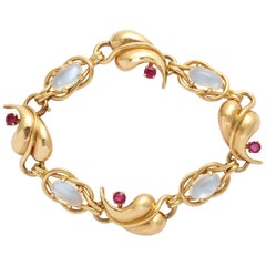 Moonstone and Ruby Retro Gold Bracelet