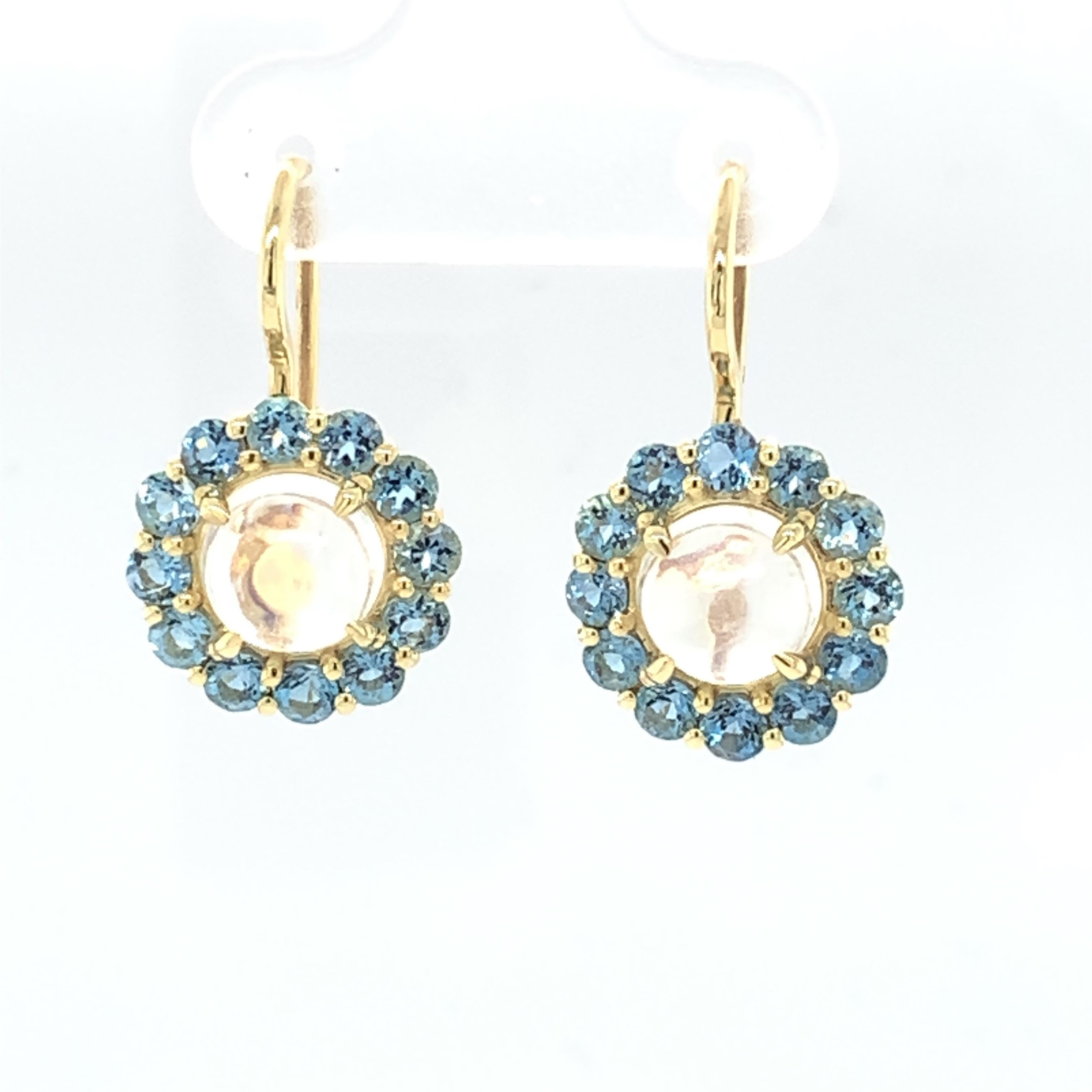 Moonstone and Santa Maria Aquamarine Dangle Earrings in Yellow Gold  In New Condition In Los Angeles, CA