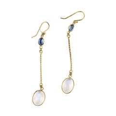 Moonstone and Sapphire 14 Karat Yellow Gold Long Drop Earrings