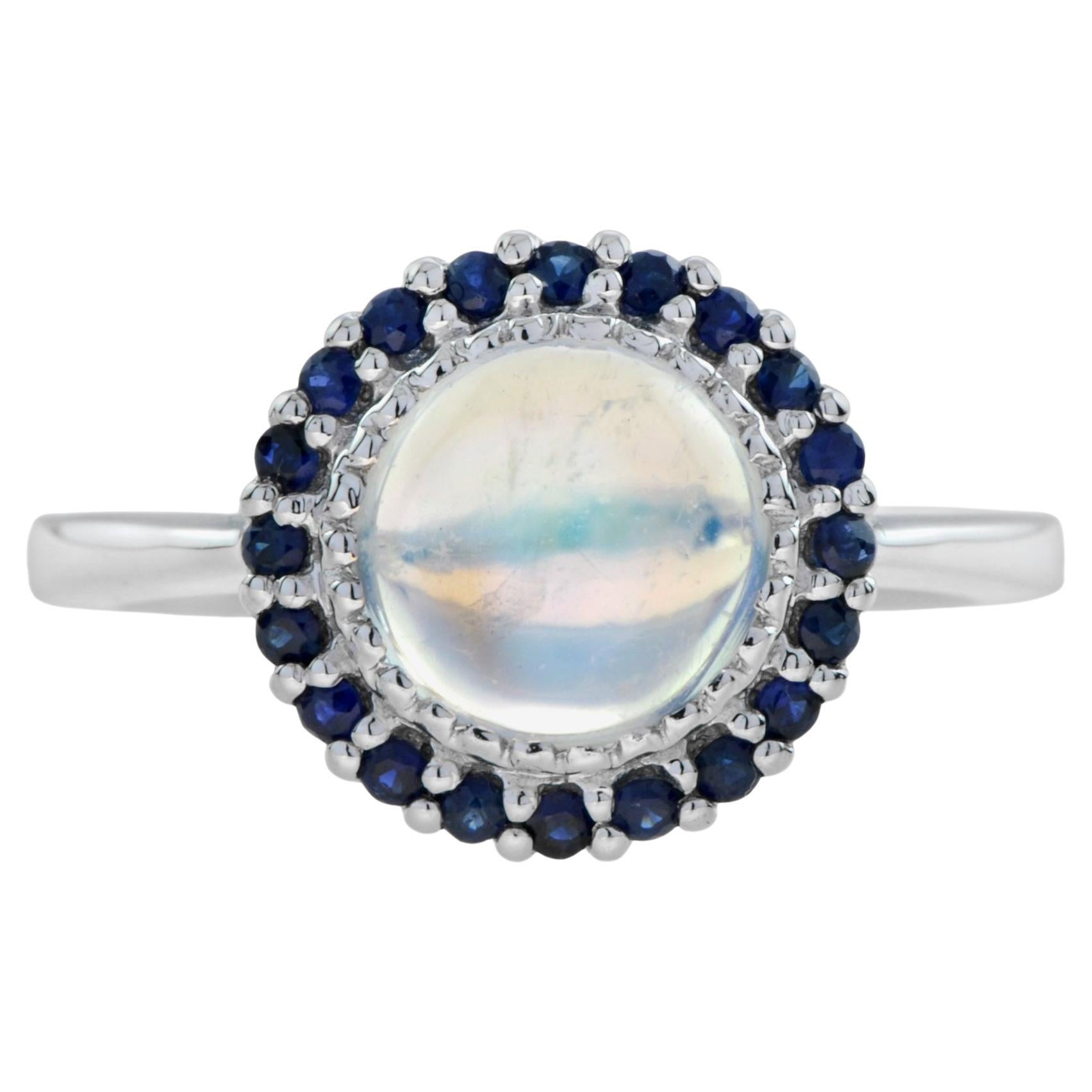 For Sale:  Moonstone and Sapphire Vintage Style Halo Ring in 10k White Gold