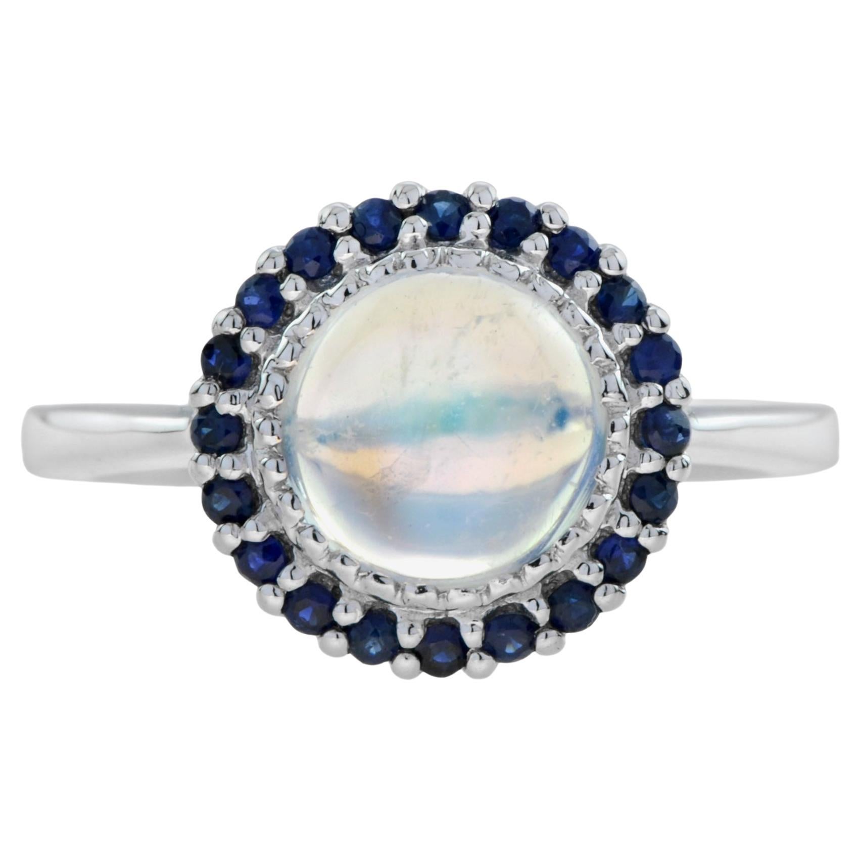 Moonstone and Sapphire Vintage Style Halo Ring in 10k White Gold