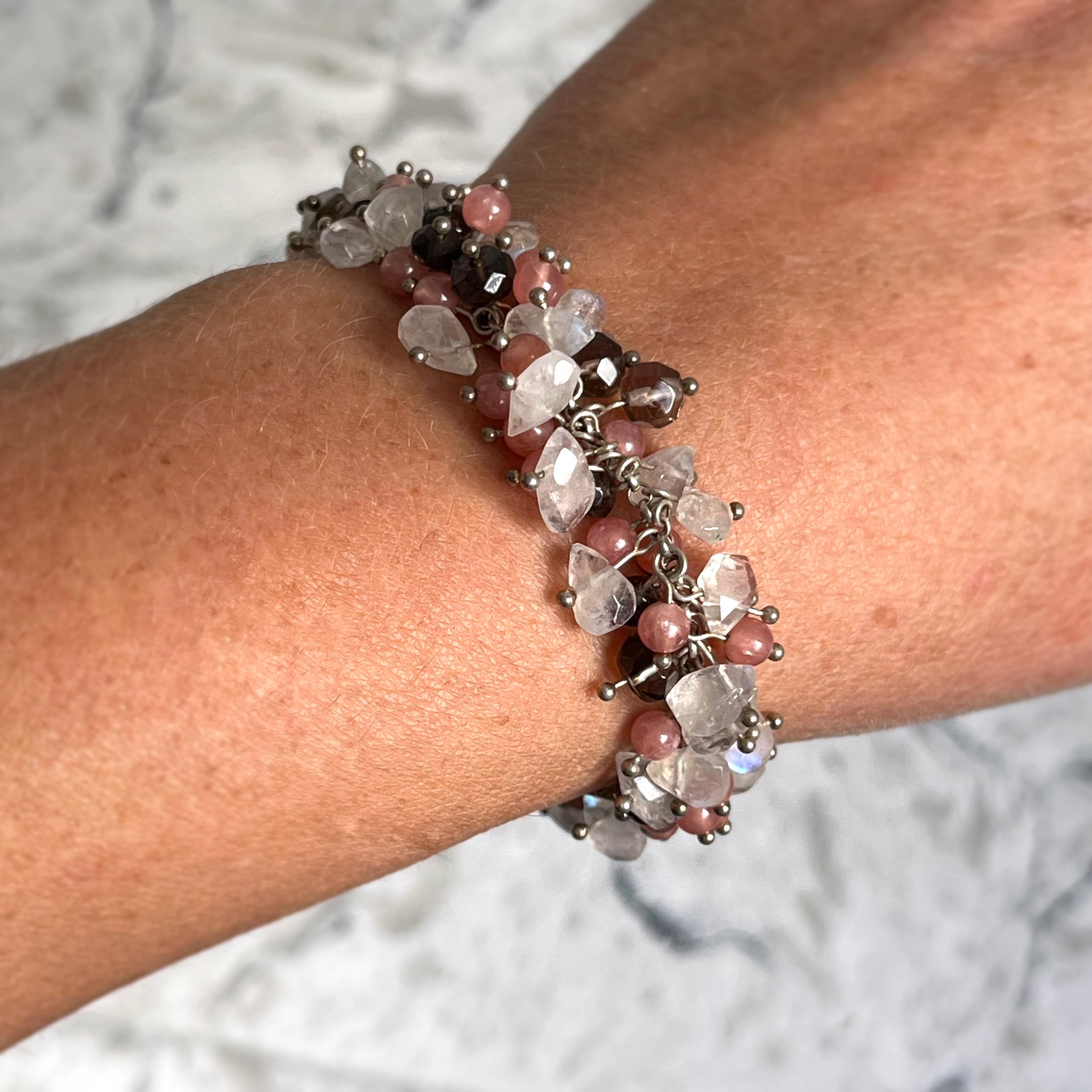 Moonstone and Smoky Quartz Sterling Silver Beaded Bracelet In New Condition For Sale In Niagara On The Lake, ON