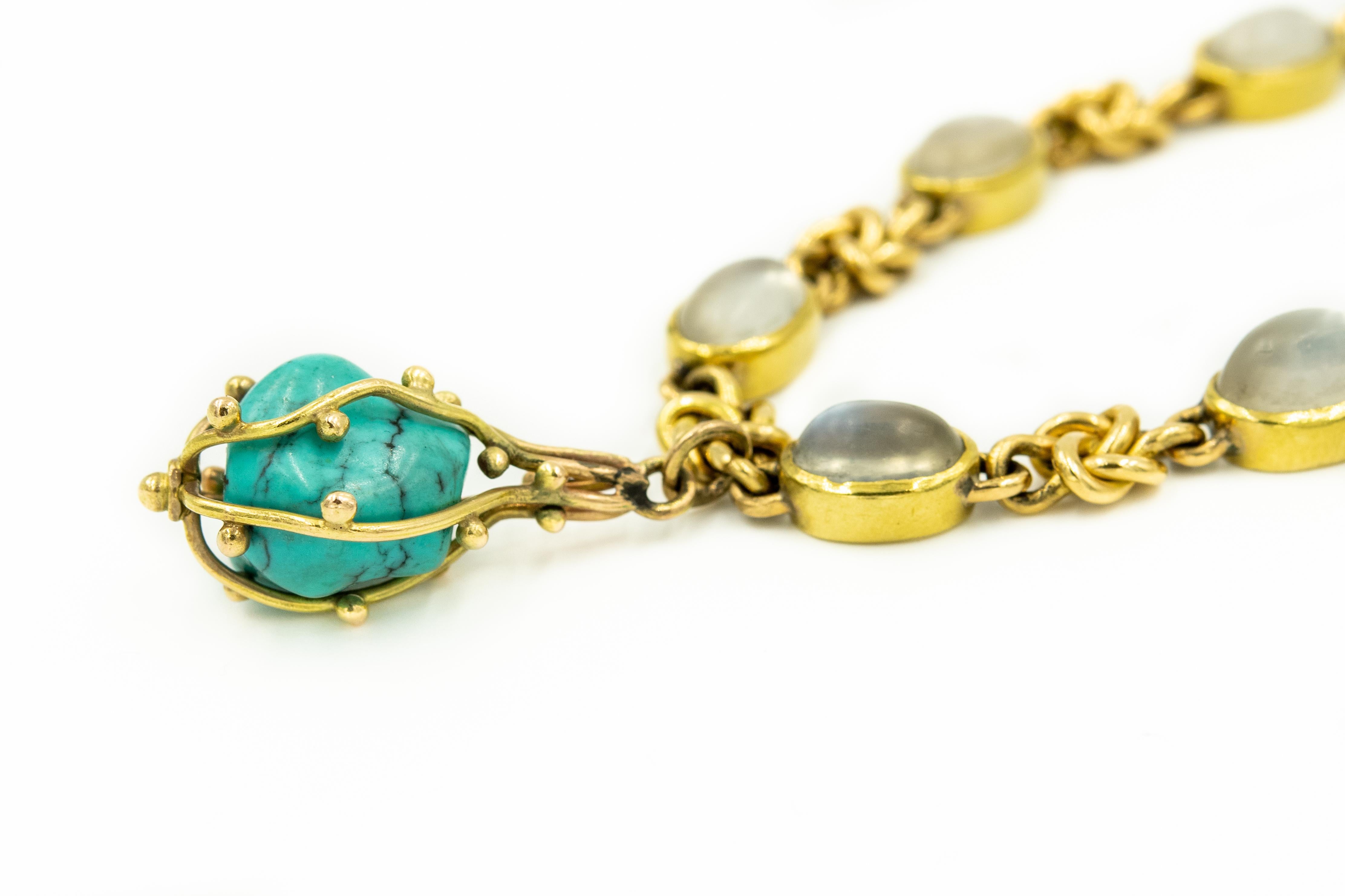 Cabochon Moonstone and Turquoise Yellow Gold Knot Bracelet